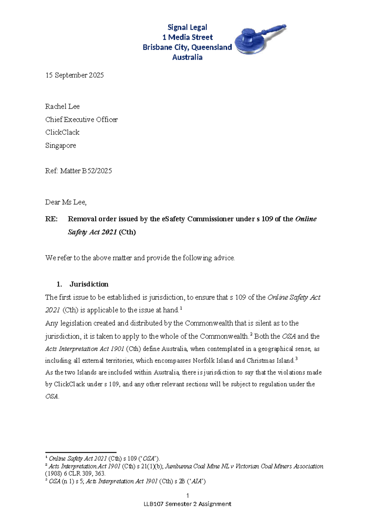 LLB107 Semester 2 Assignment: Analysis of s 109 Online Safety Act 2021 ...