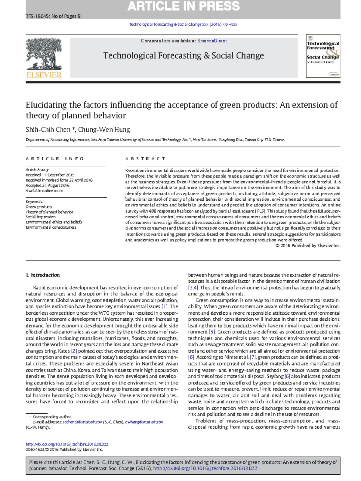 Technological Forecasting & Social Change (2016): Green Product ...