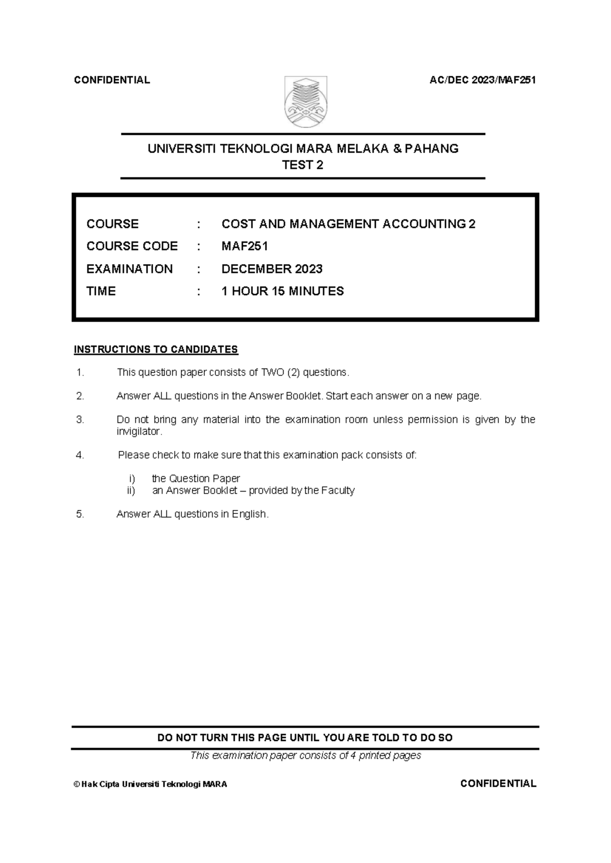 MAF251 Test 2: Cost & Management Accounting Exam December 2023 - Studocu