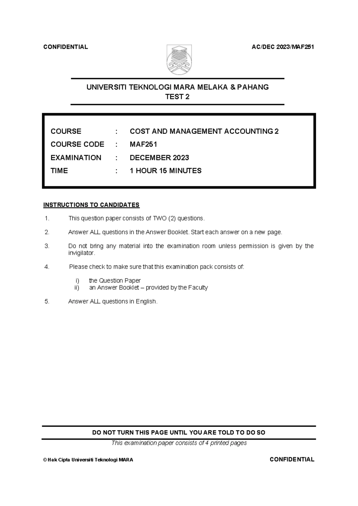 CT MAF251 OCT 2023 Common Test: Cost & Management Accounting Qs - Studocu