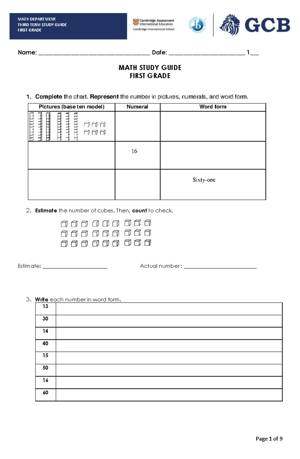 MATH 101 Third Term Study Guide for First Grade Students - Studocu