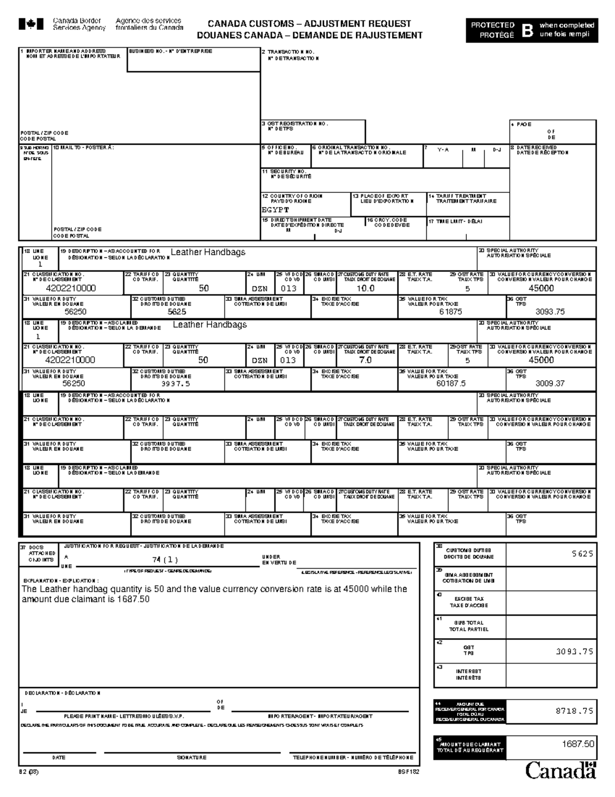 Canada Customs Adjustment Request Overview - Document Details - Studocu