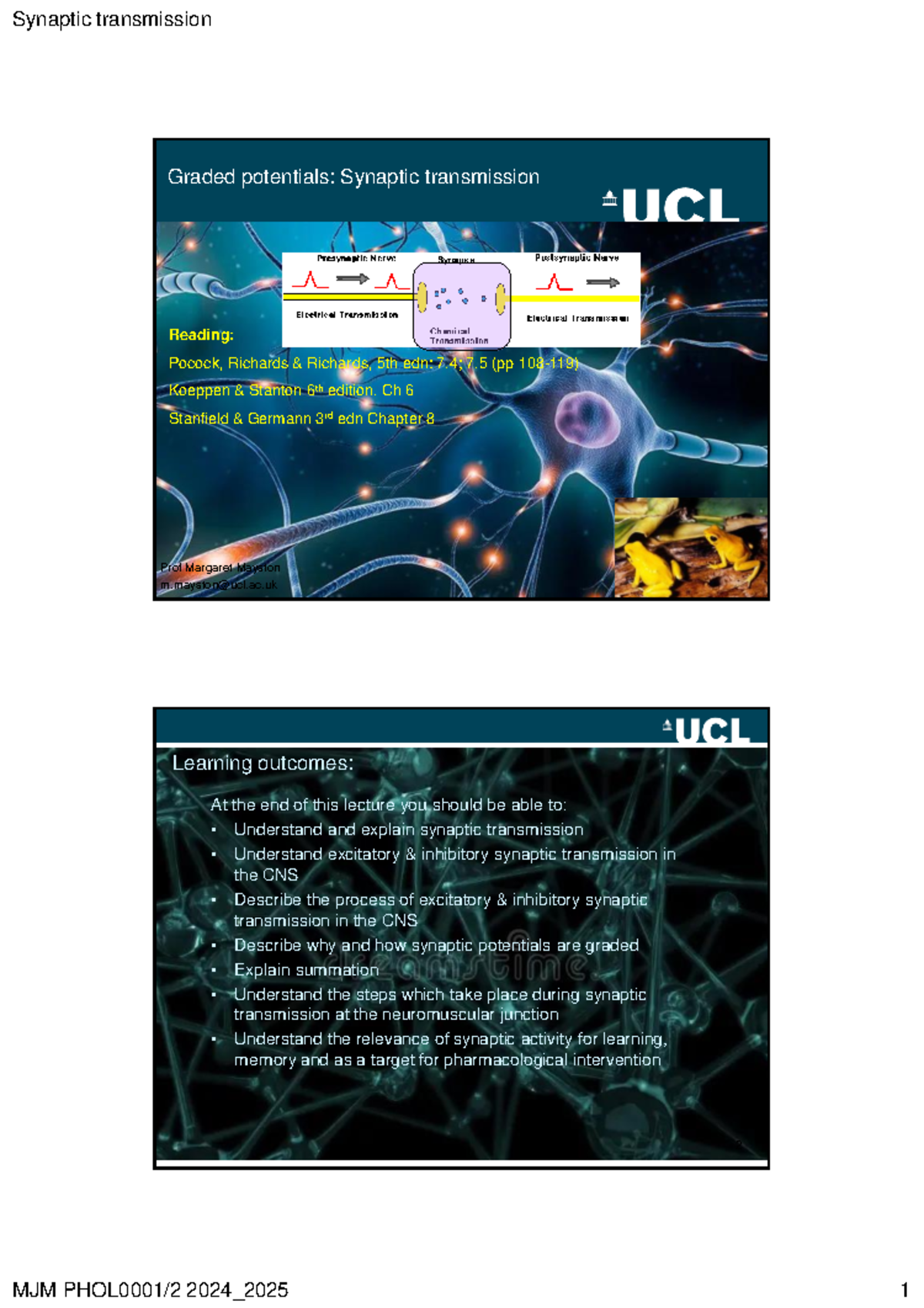 Lecture on Synaptic Transmission - MJM PHOL0001/2 - Studocu