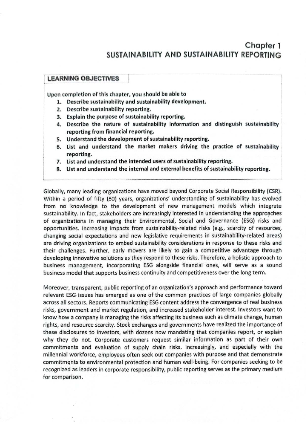 Chapter 1: Sustainability and Sustainability Reporting Overview - Studocu