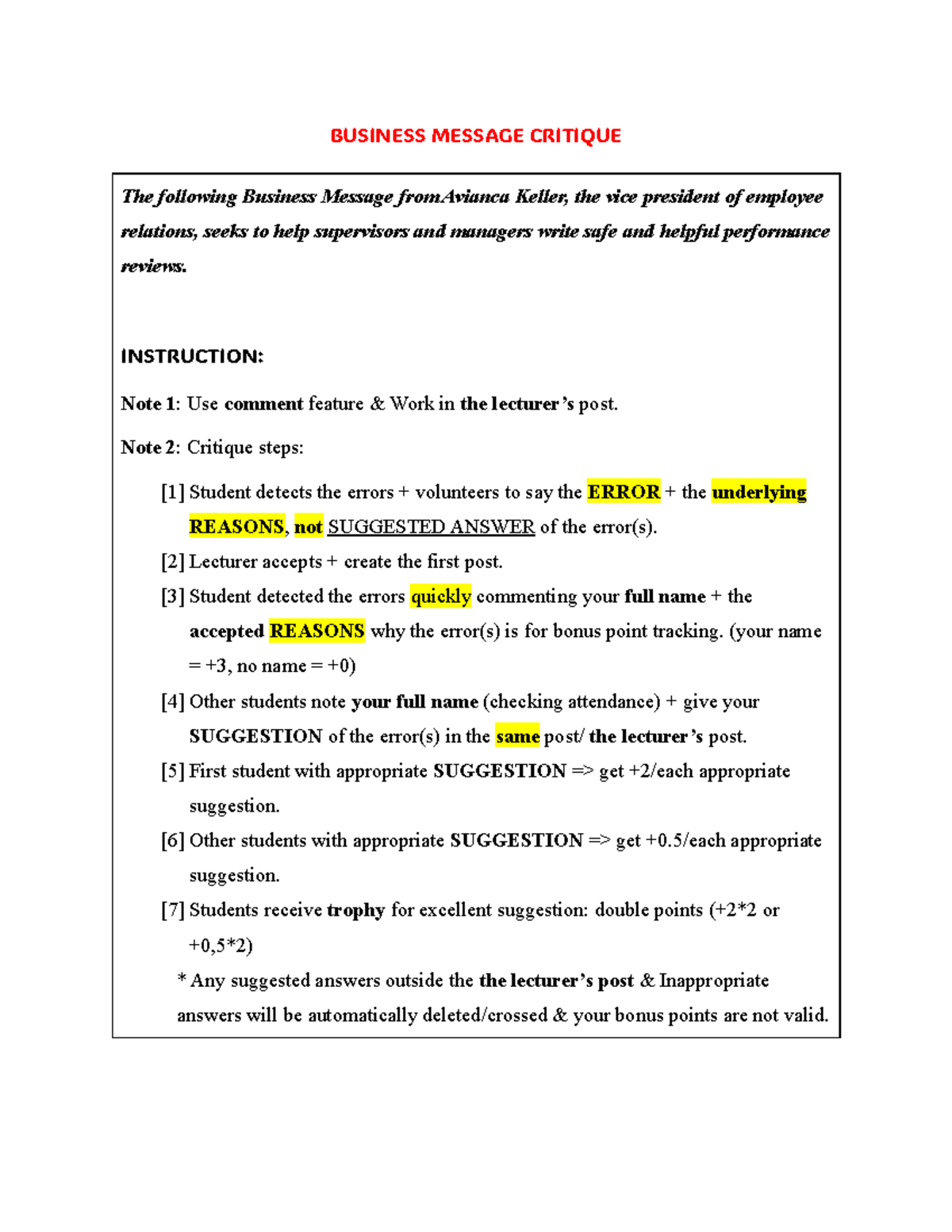 BUS 201: Business Message Critique and Evaluation Guidelines - Studocu