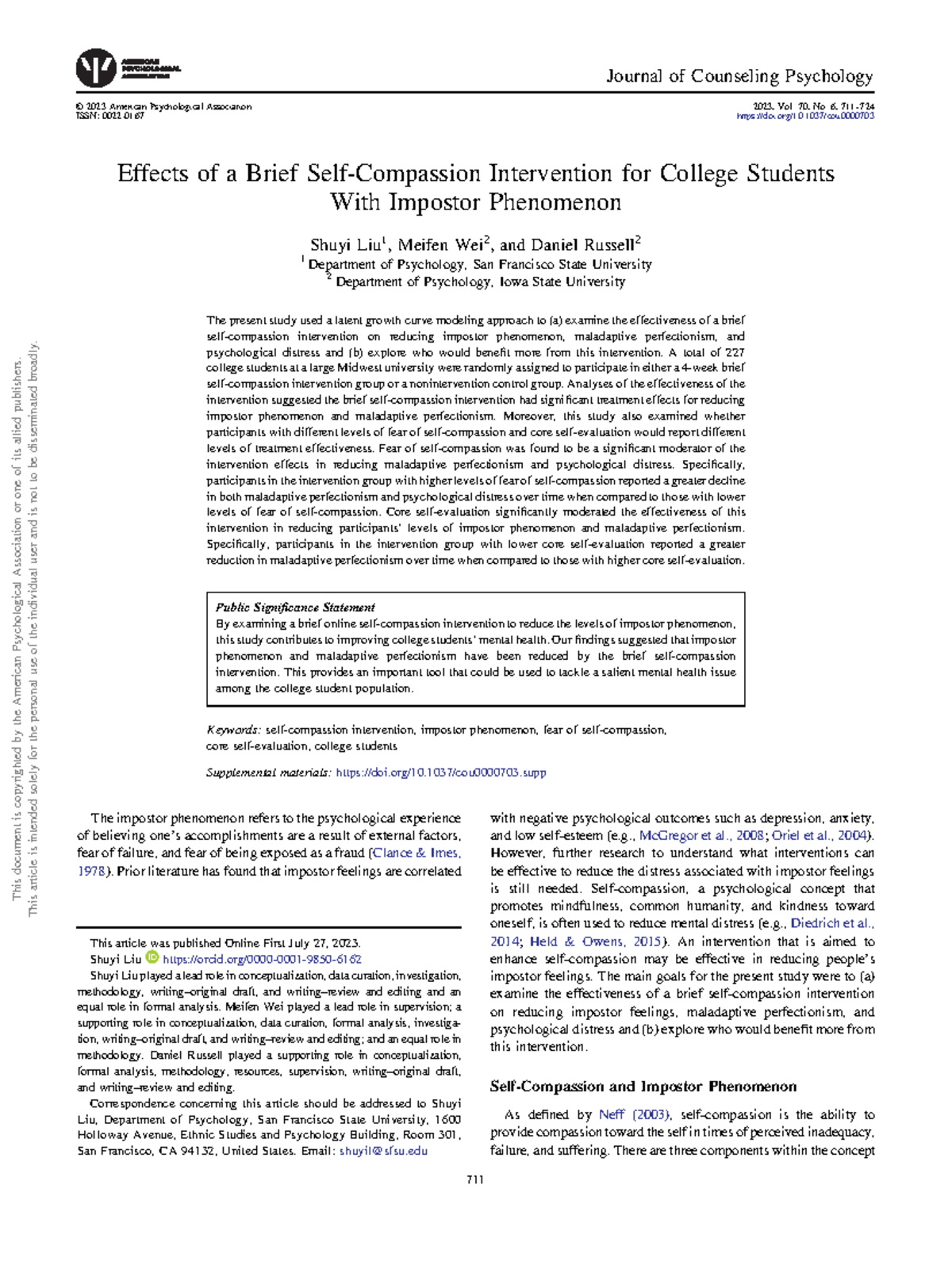 Effects of a Self-Compassion Intervention on Impostor Phenomenon in ...