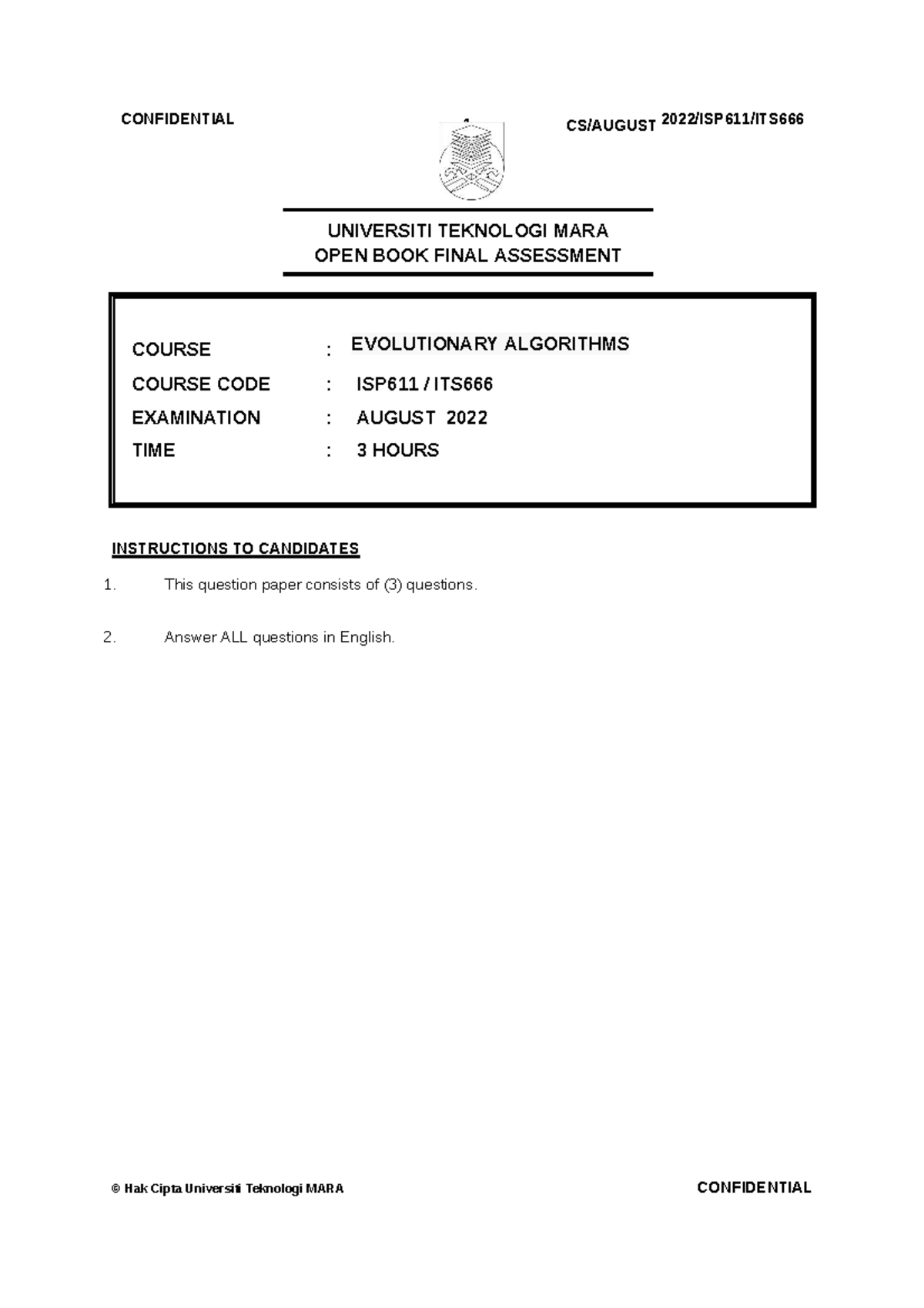 ISP611 August 2022 Final Exam Answers on Evolutionary Algorithms - Studocu
