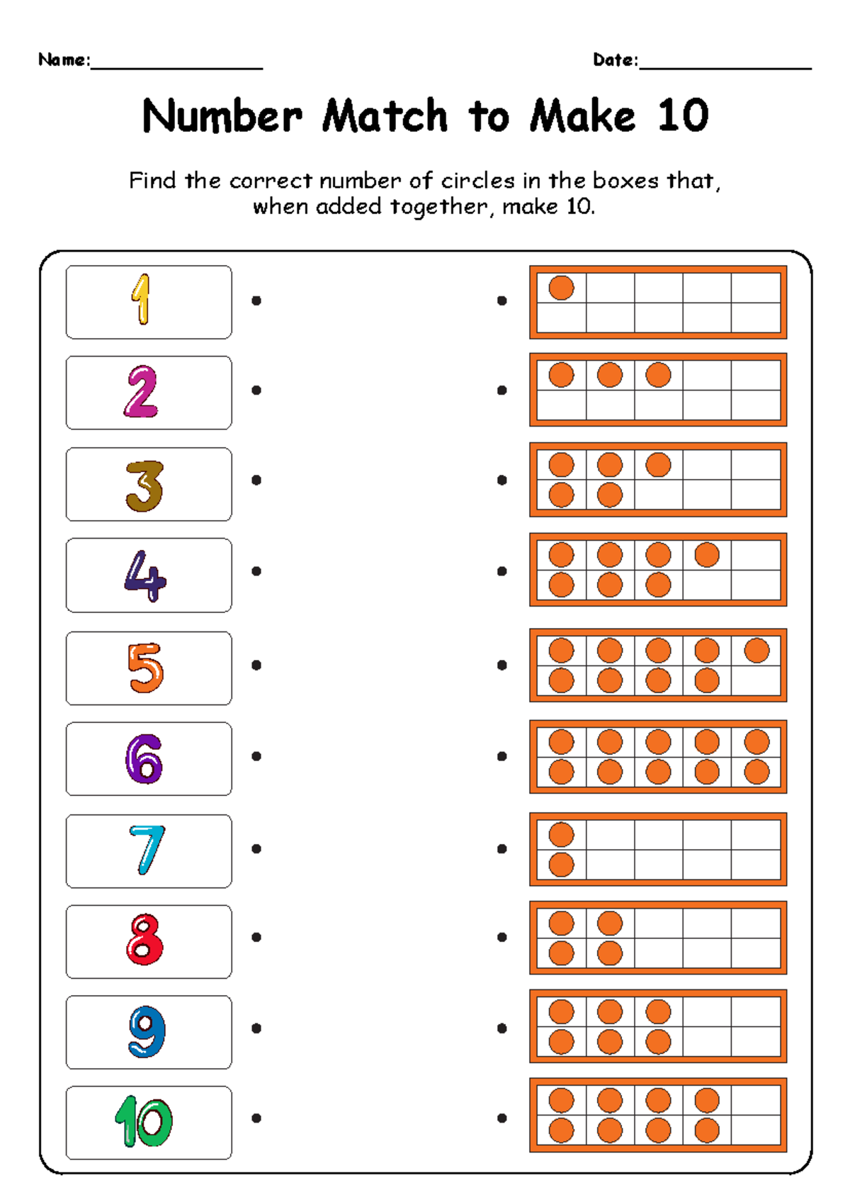 Number Match to Make 10 - Kindergarten Worksheet - Find the correct ...