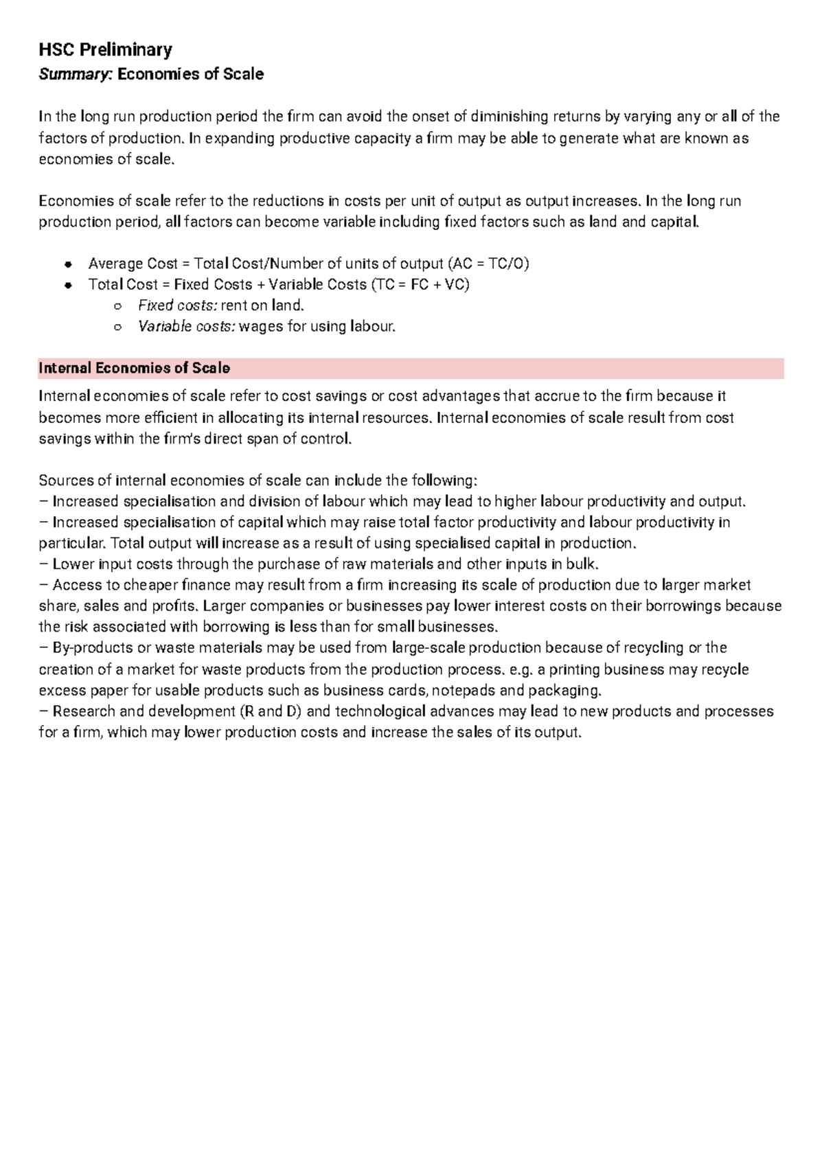 HSC Preliminary Summary: Understanding Economies of Scale - Studocu