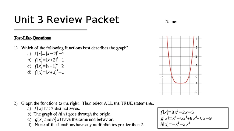 Unit 3 Review Packet - Algebra 2 Study Guide for Test Preparation - Studocu