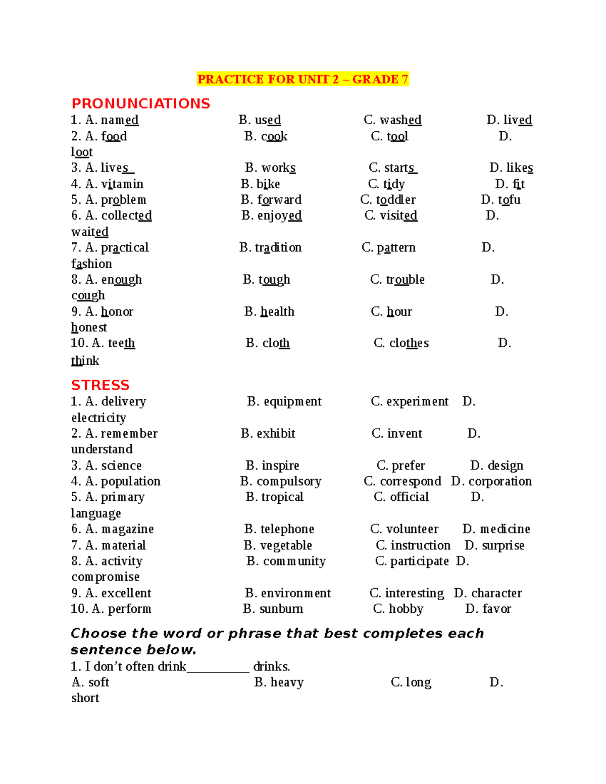 Practice FOR UNIT 2 19 - Bài tập - PRACTICE FOR UNIT 2 – GRADE 7 ...