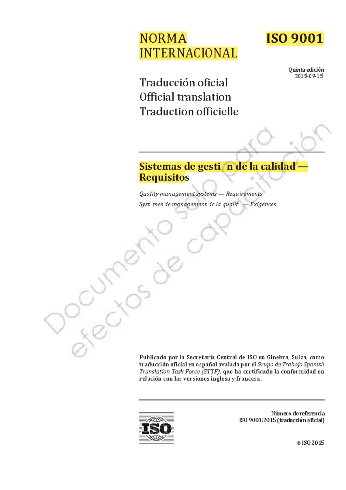Norma ISO 9001:2015 - Sistemas de Gestión de la Calidad - Requisitos ...
