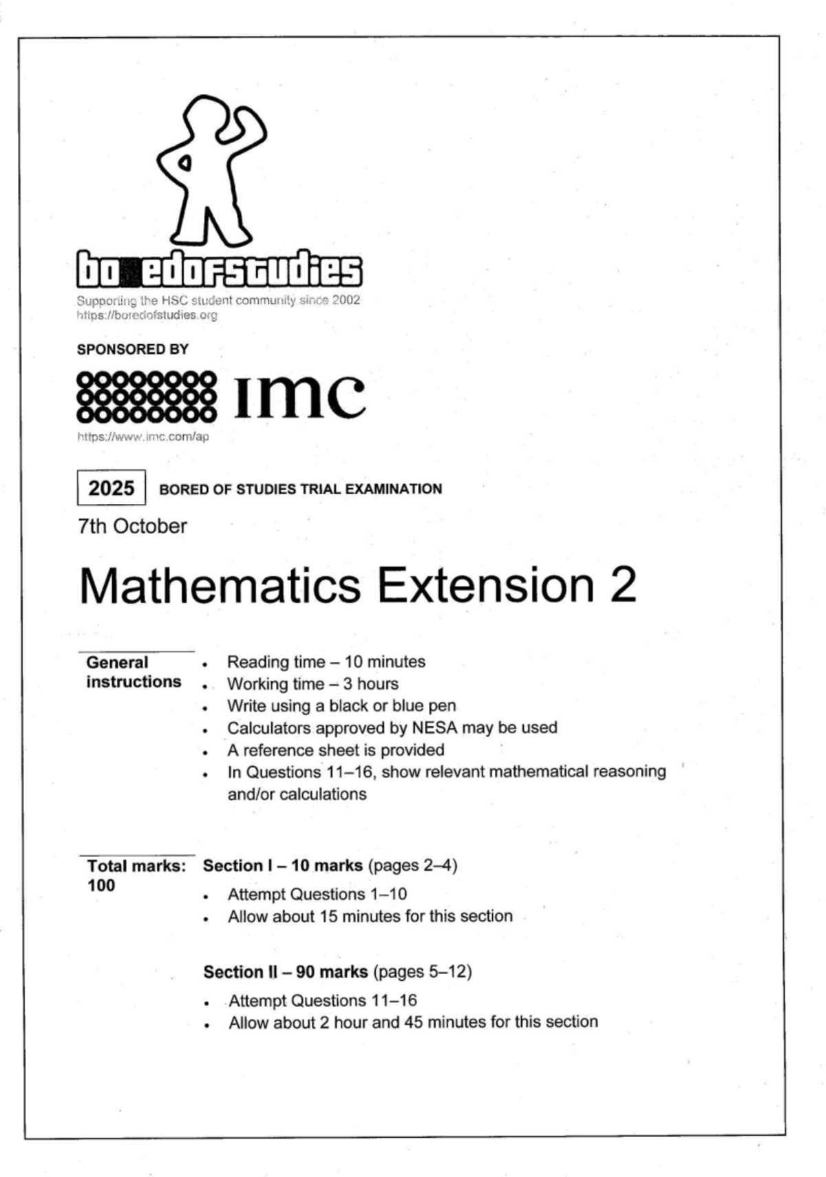 HSC Mathematics Extension 2 Trial Exam 2025 - BORED OF STUDIES - Studocu