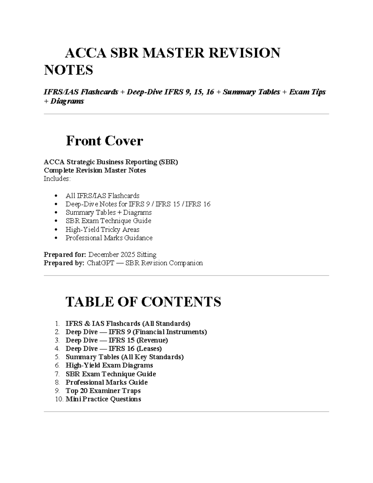 ACCA SBR Master Revision Notes: IFRS 9, 15, 16 Exam Prep Guide - Studocu