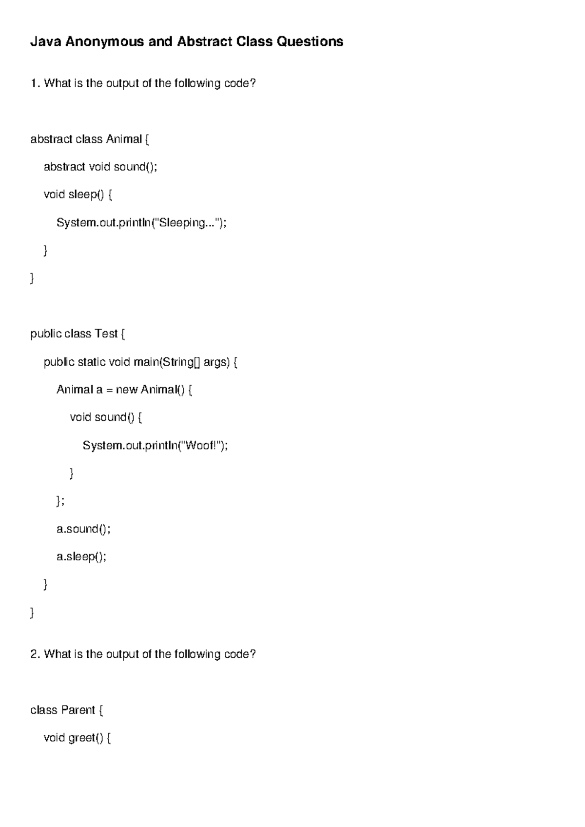 Java Anonymous & Abstract Class Questions - No Answers - Studocu