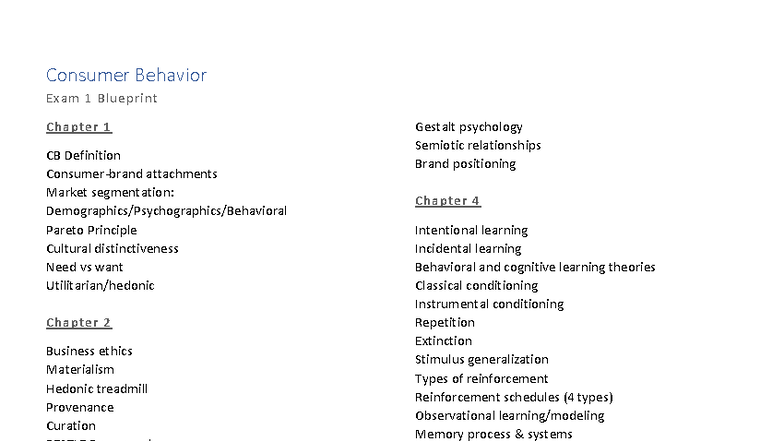 Exam 1 Blueprint - Consumer Behavior Study Guide (CB) - Studocu