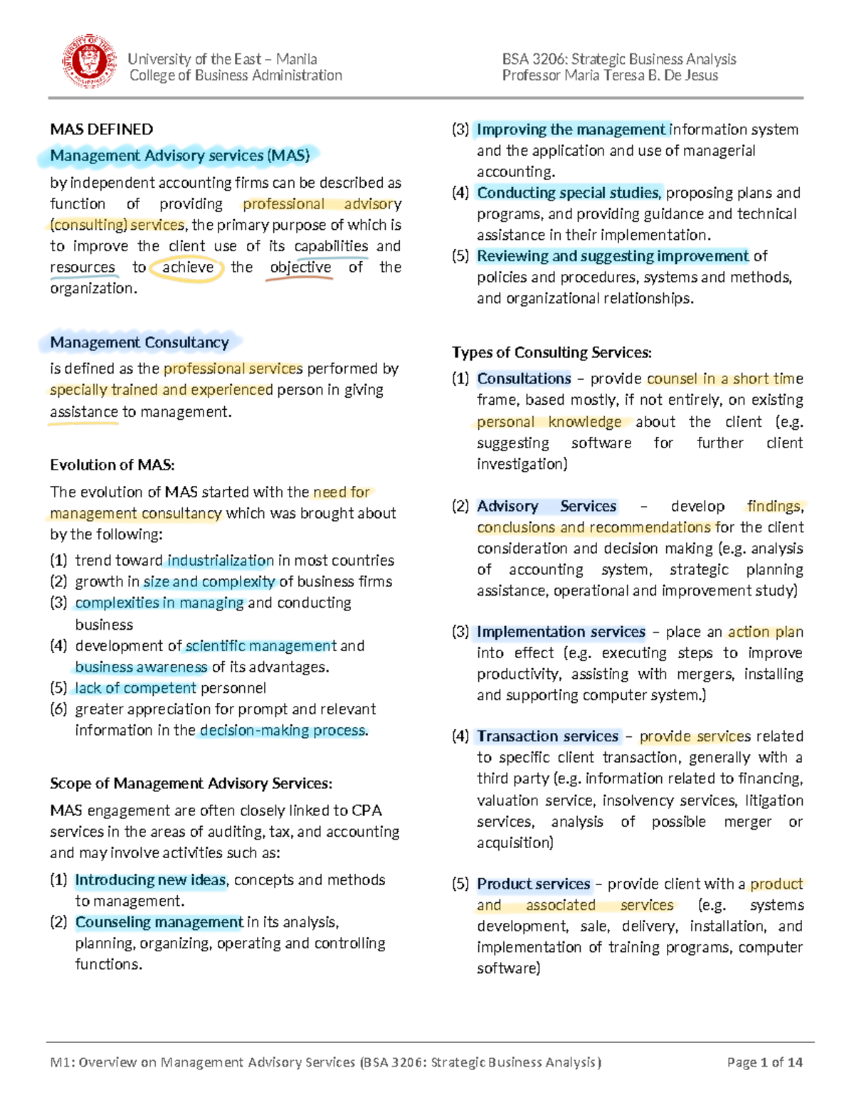 M1 Prelim Overview of Management Advisory Services and Analysis - Studocu