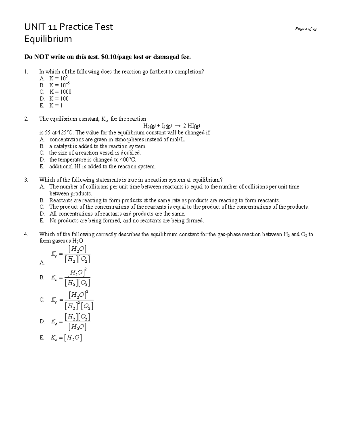 UNIT 11 Practice Test: Equilibrium Concepts and Solutions - Studocu