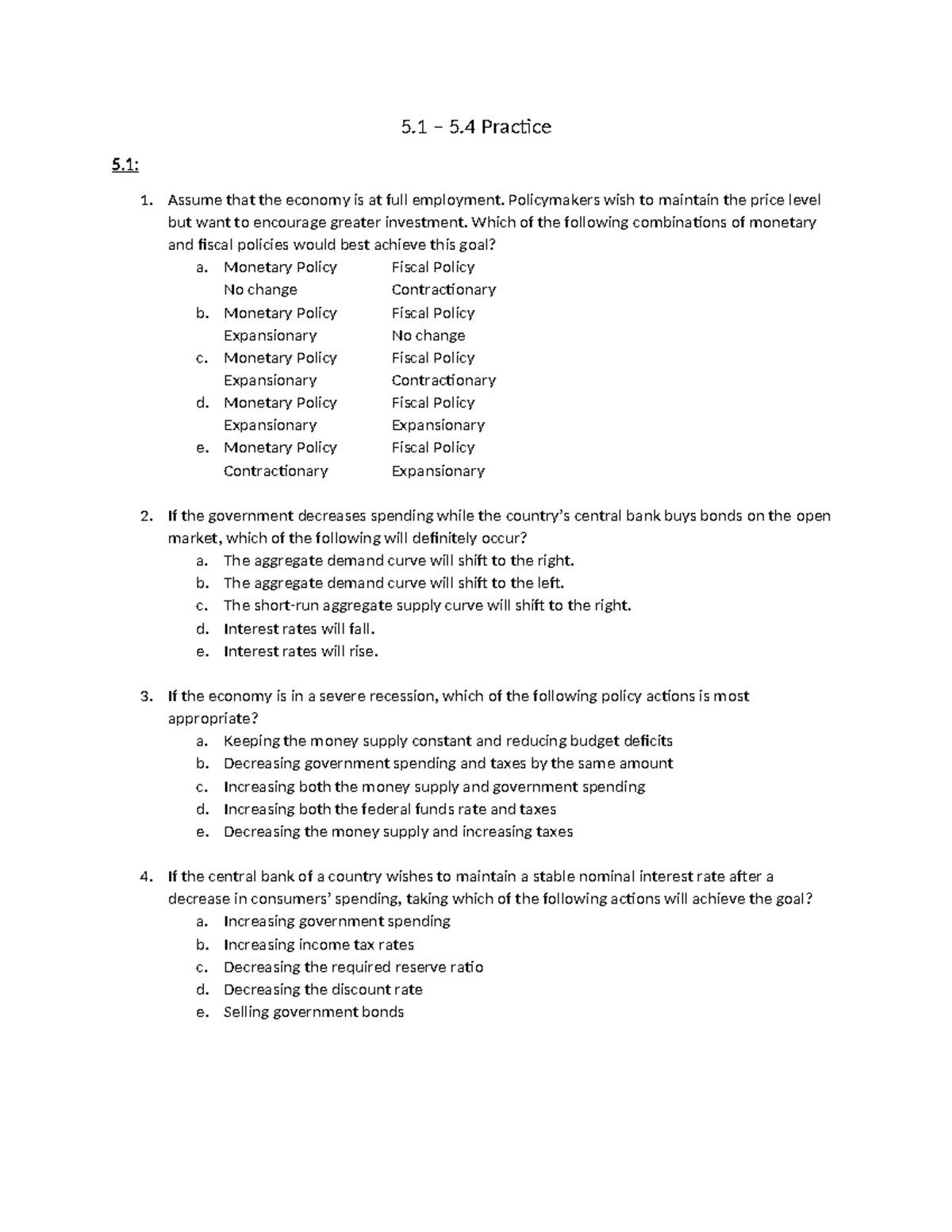 5.1-5.4 Practice Exam: Economic Policies and Phillips Curve Analysis ...