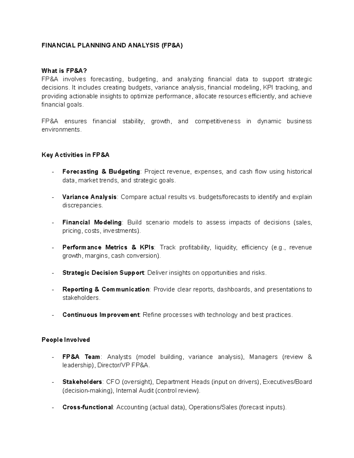 FIN 101: Financial Planning & Analysis Overview and Key Activities ...