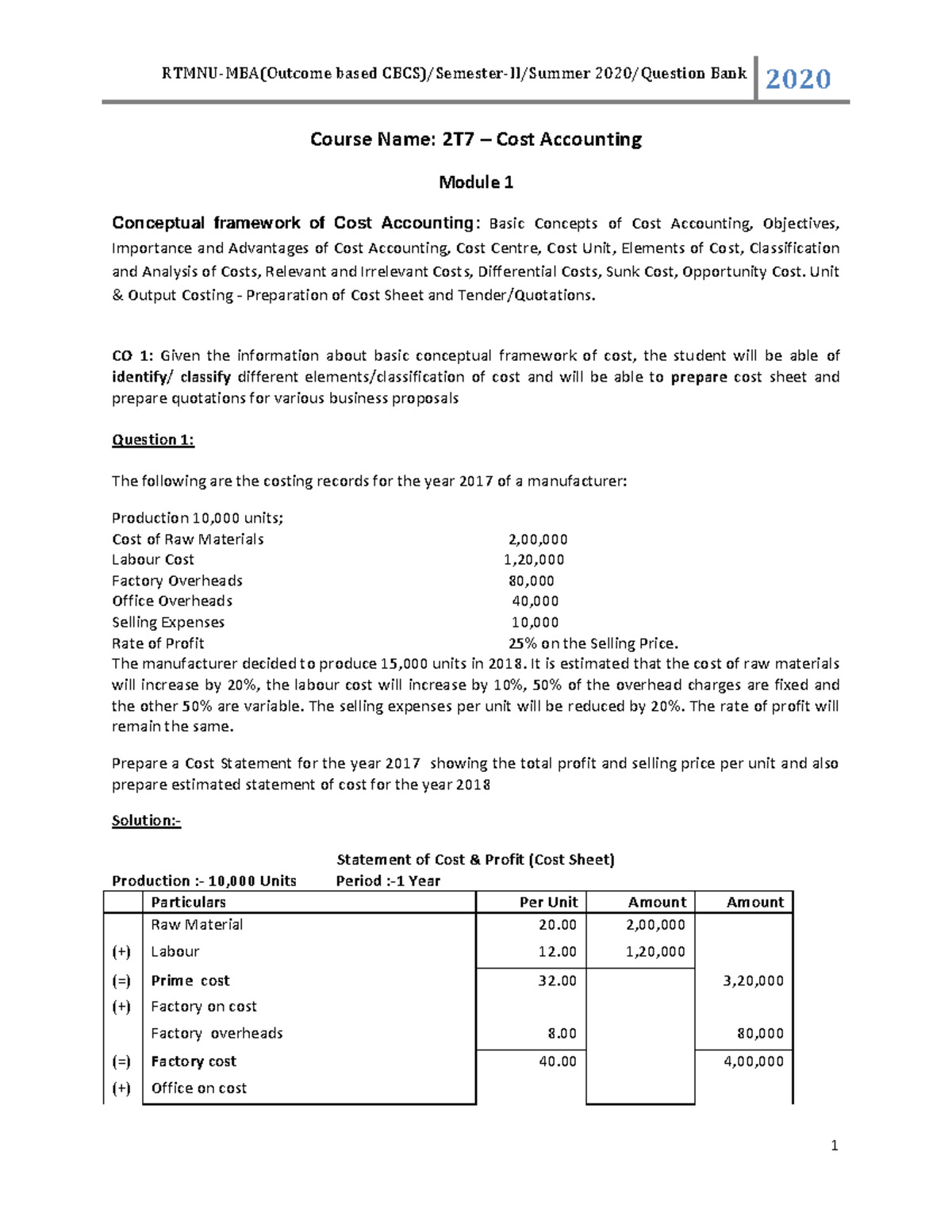 Cost Accounting Question Bank for Course 2T7: Comprehensive Review ...