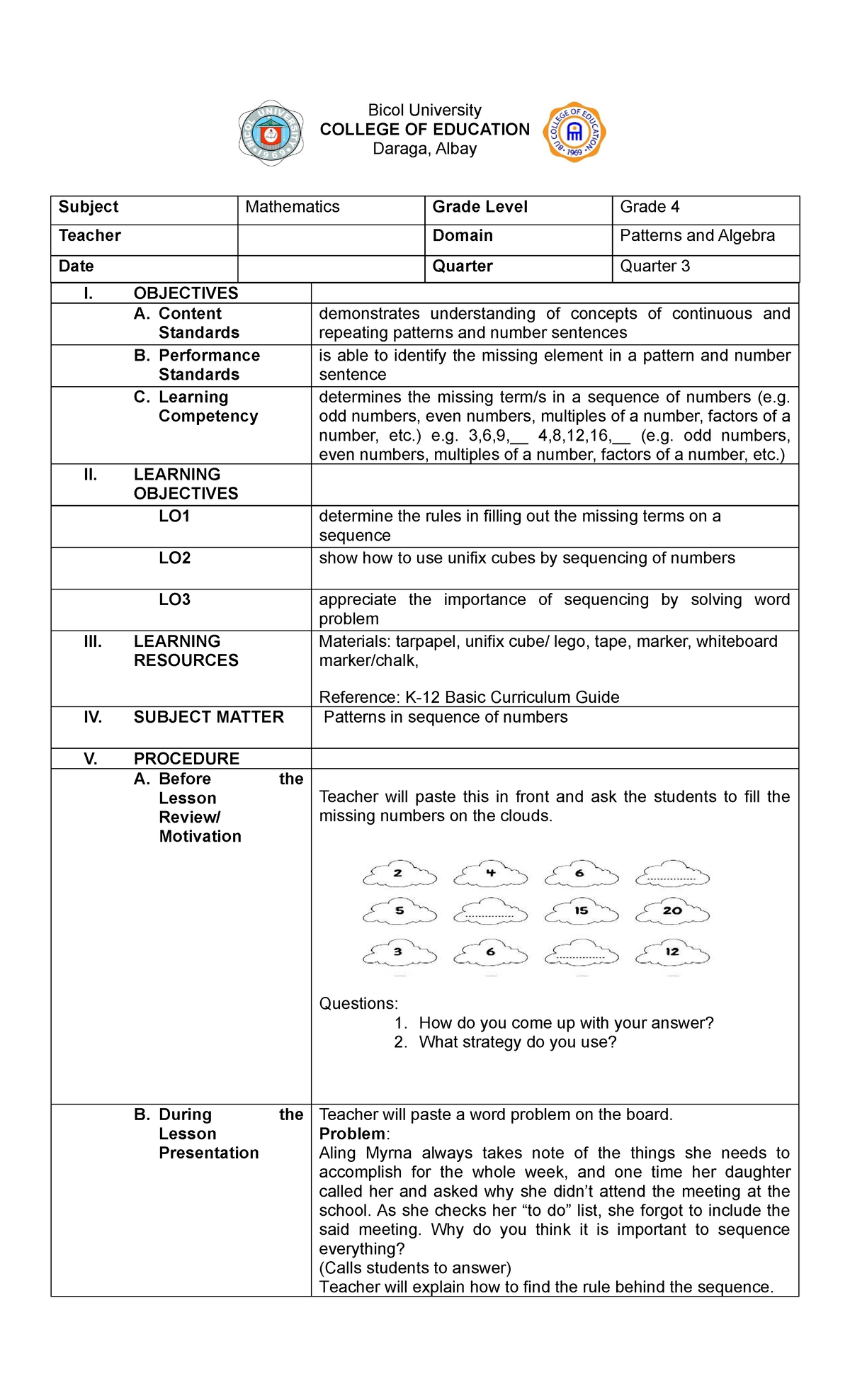 Use of maipulatives 2 - math - Bicol University COLLEGE OF EDUCATION ...