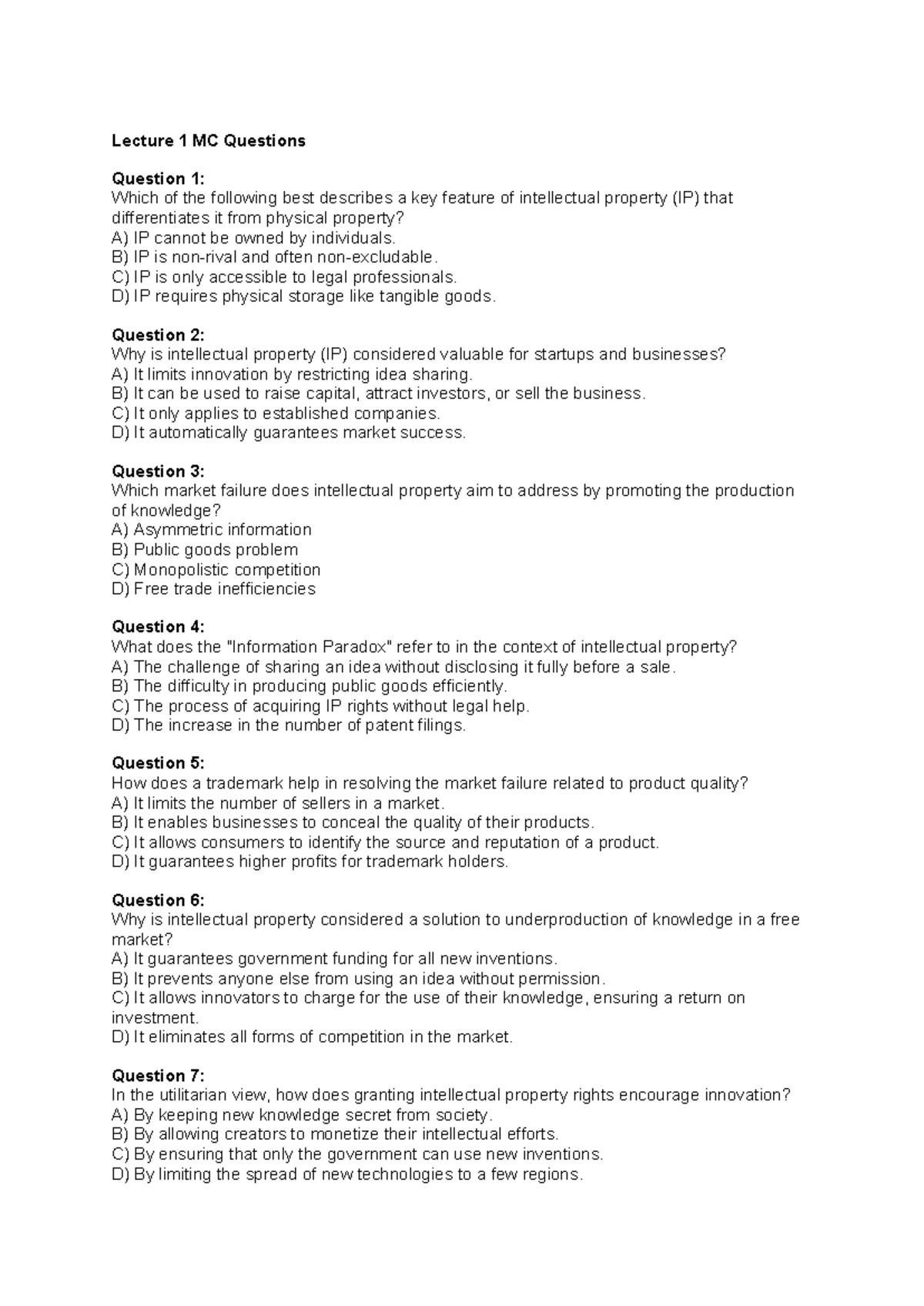 IP Lecture 1: Multiple Choice Questions and Answers - Studeersnel