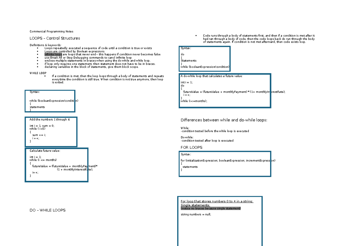 Commercial Programming Loop Notes - Commercial Programming Notes LOOPS ...