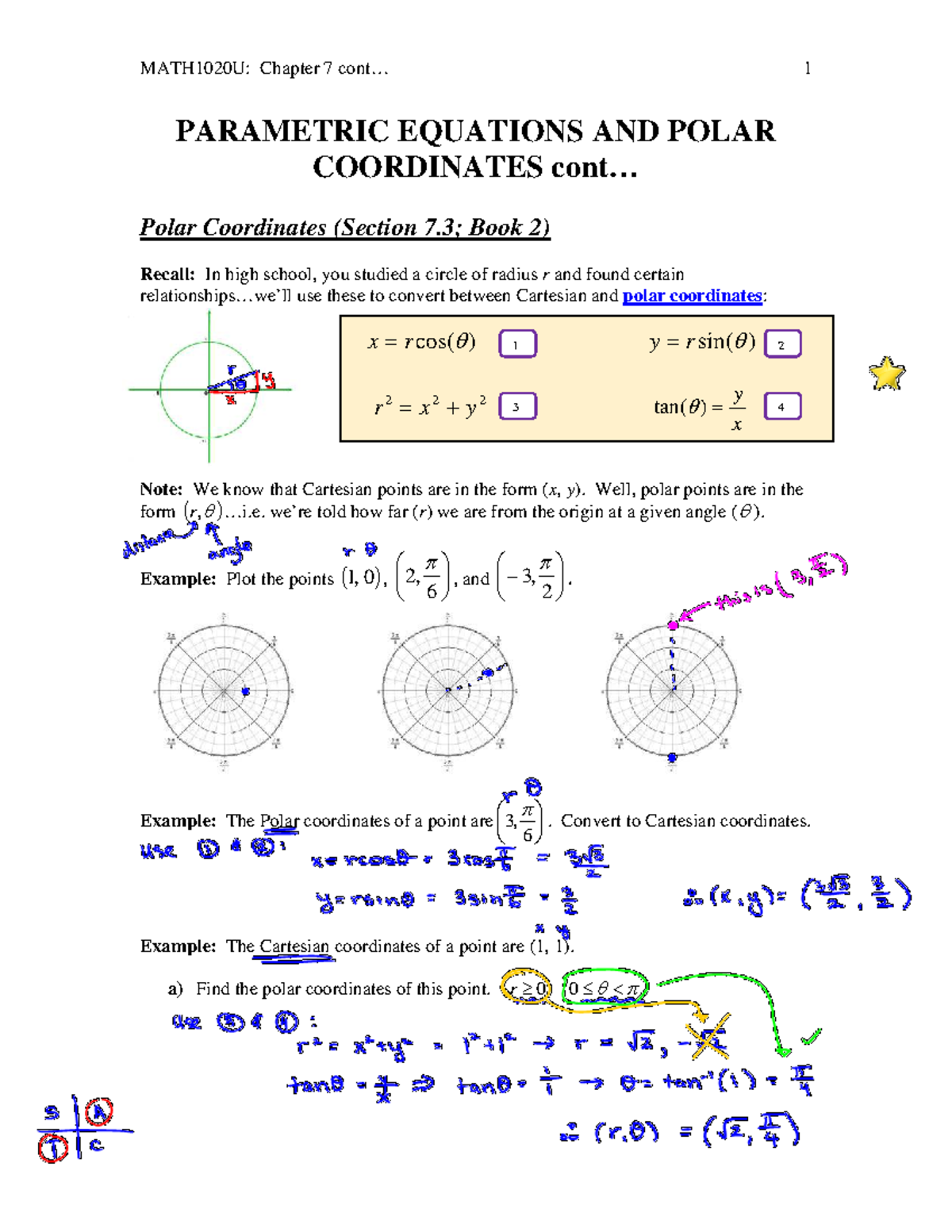 MATH1020U: Chapter 7 Polar Coordinates and Parametric Equations Notes ...