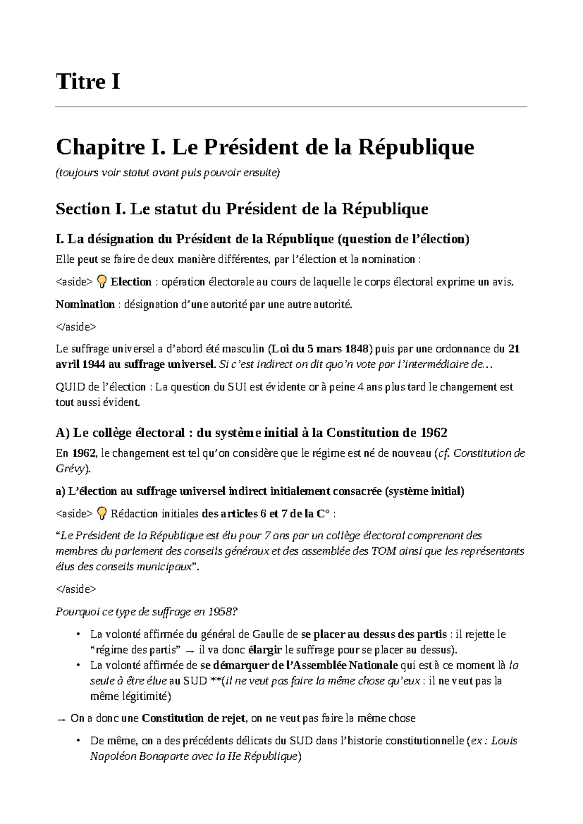 Titre I Chapitre I : Le Statut et les Pouvoirs du Président de la ...