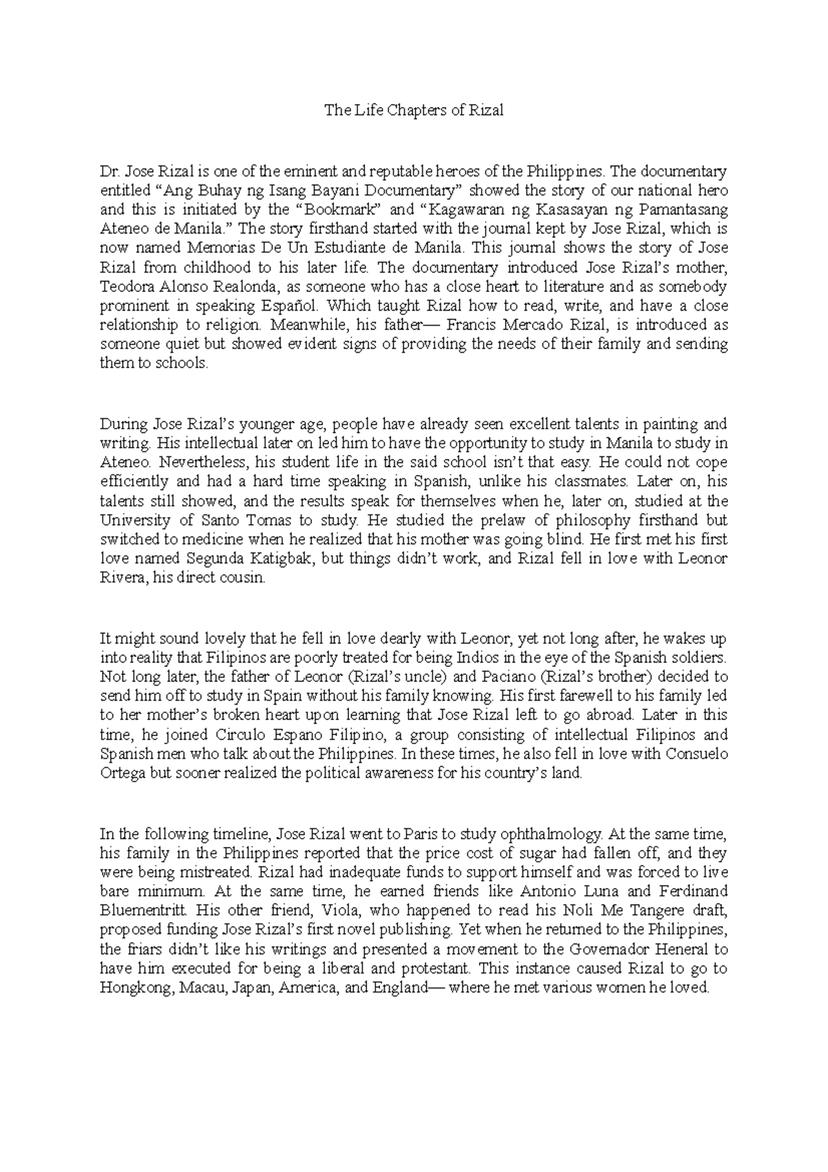 The Life Chapters of Rizal - Jose Rizal is one of the eminent and ...