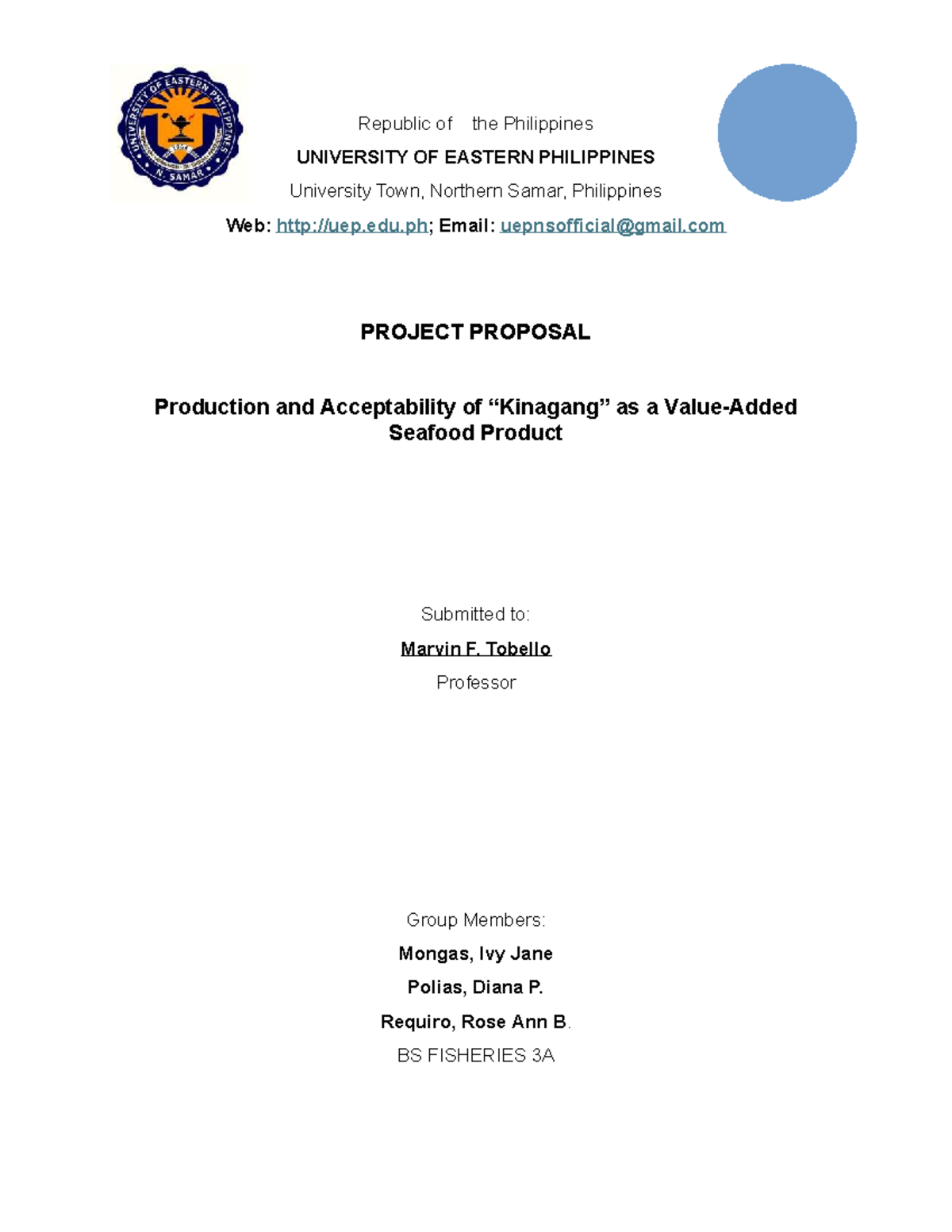 AQUA Project Proposal: Production & Acceptability of Kinagang as ...
