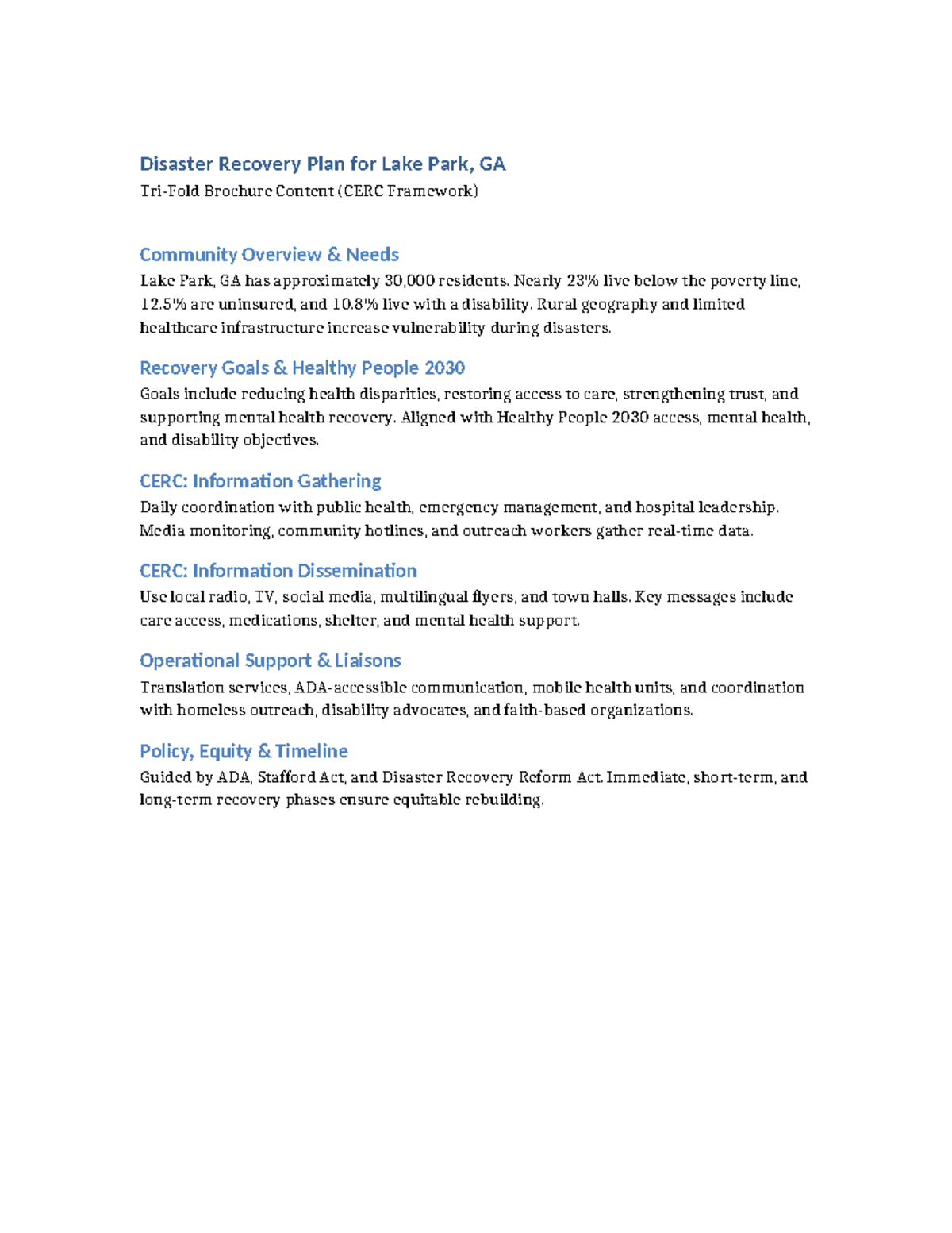 Lake Park, GA Disaster Recovery Plan Brochure (CERC Framework) - Studocu