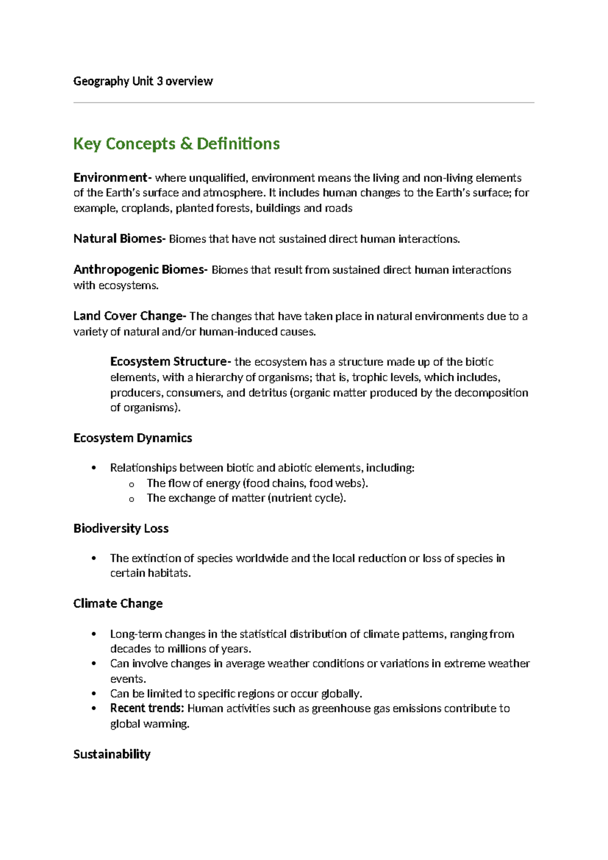 Geography Unit 3: Key Concepts & Definitions Overview - Studocu