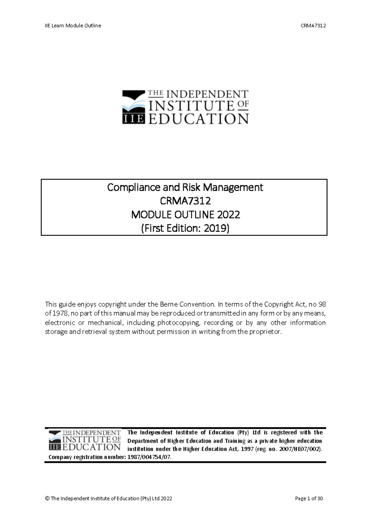 CRMA7312 MO - Compliance & Risk Management Module Outline 2022 - Studocu