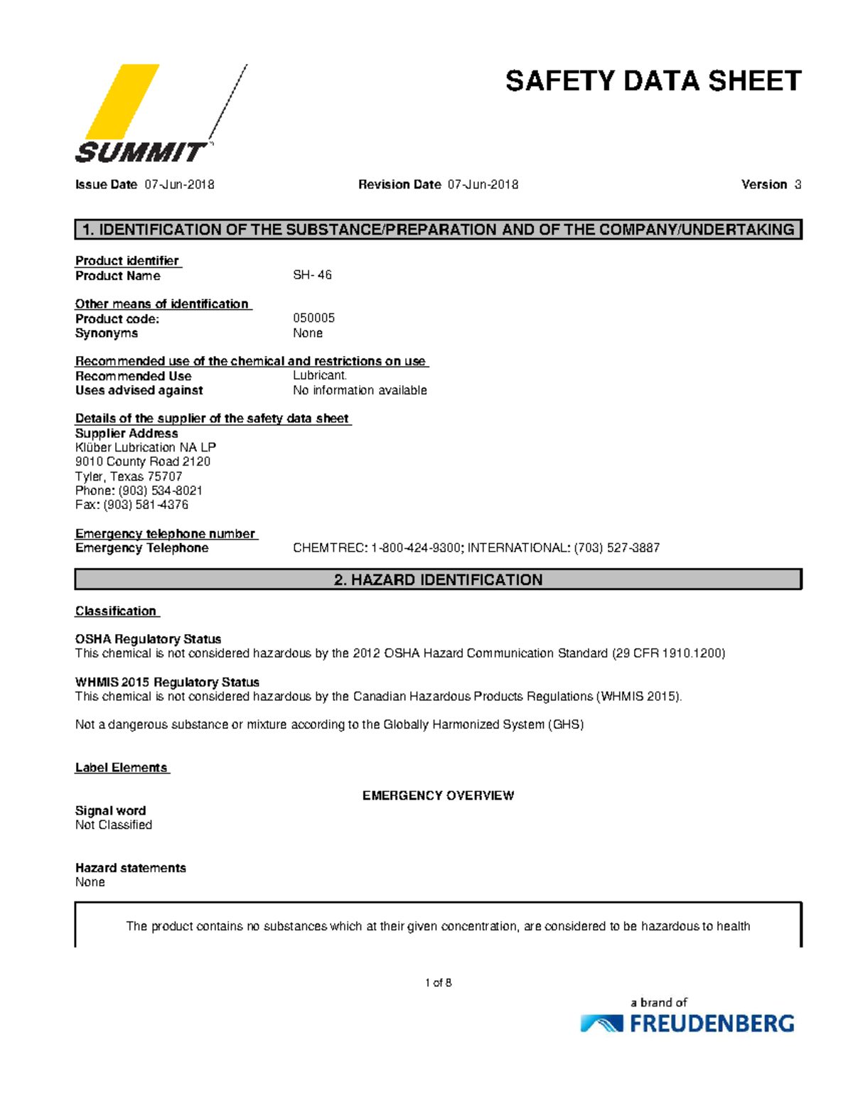 Summit SH 46 Compressor Oil MSDS - Safety Data Sheet - Studocu