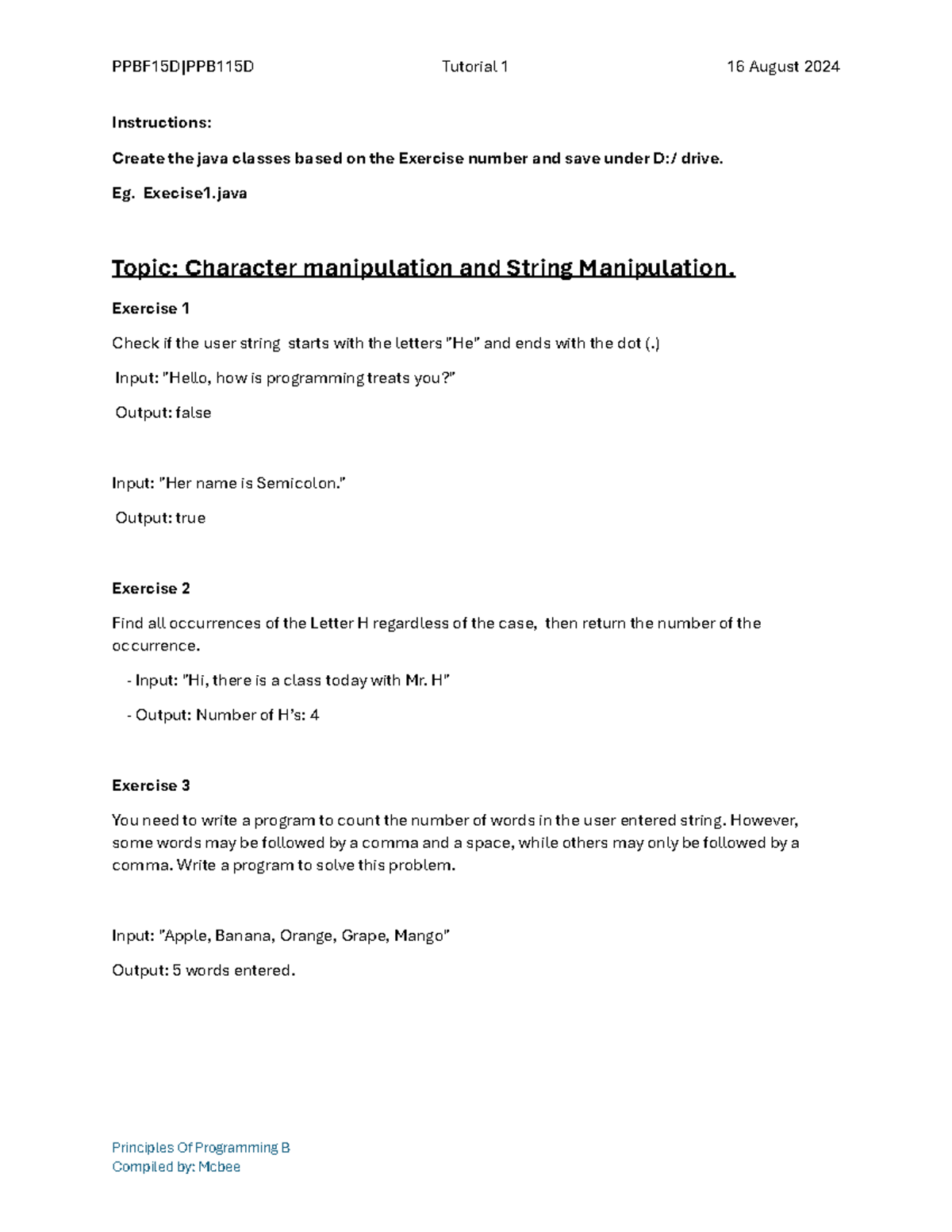 PPB B: Java Classes Tutorial 01 Exercises on String Manipulation - Studocu