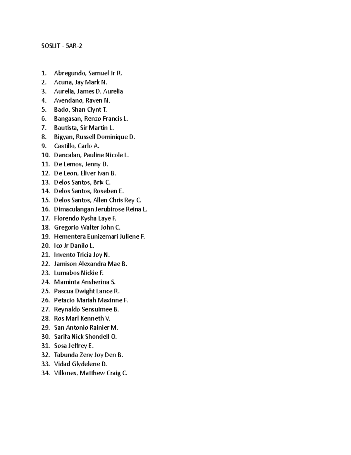 SOSLIT - 5AR-2 Class Roster and Attendance List - Studocu