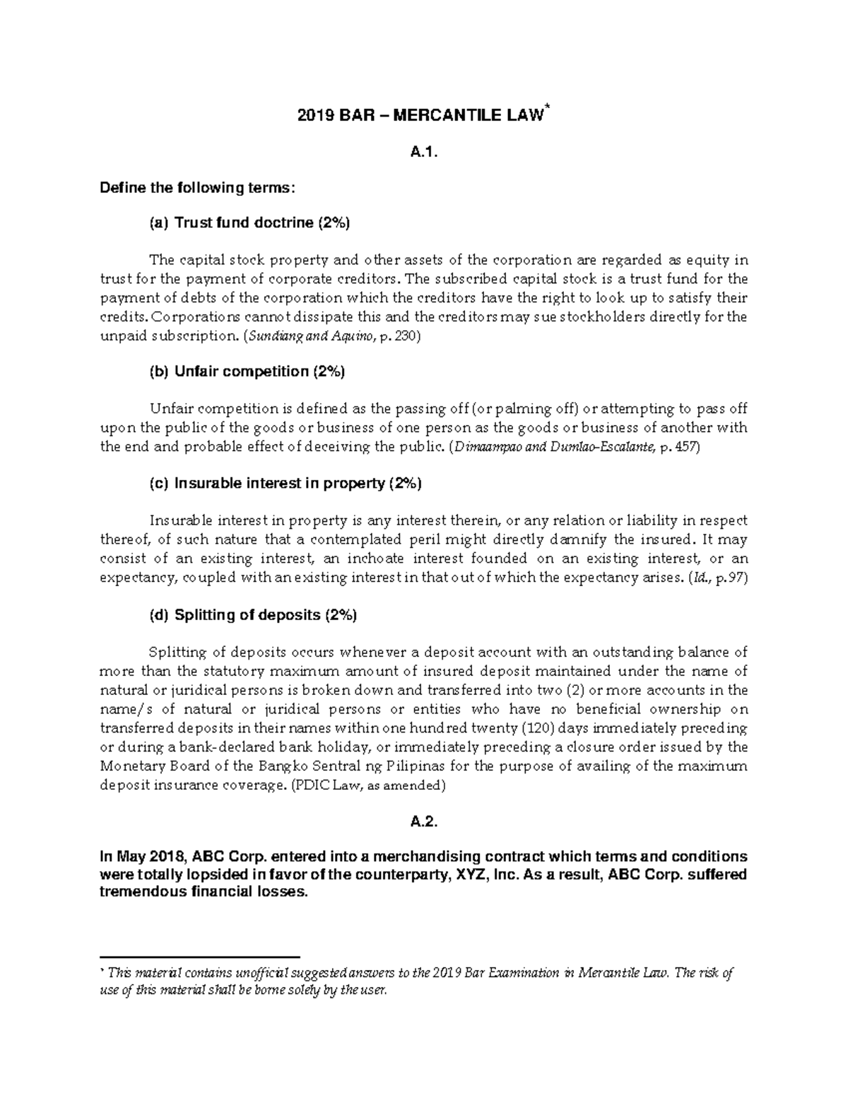 2019 BAR - Suggested Answers for Mercantile Law Exam - Studocu