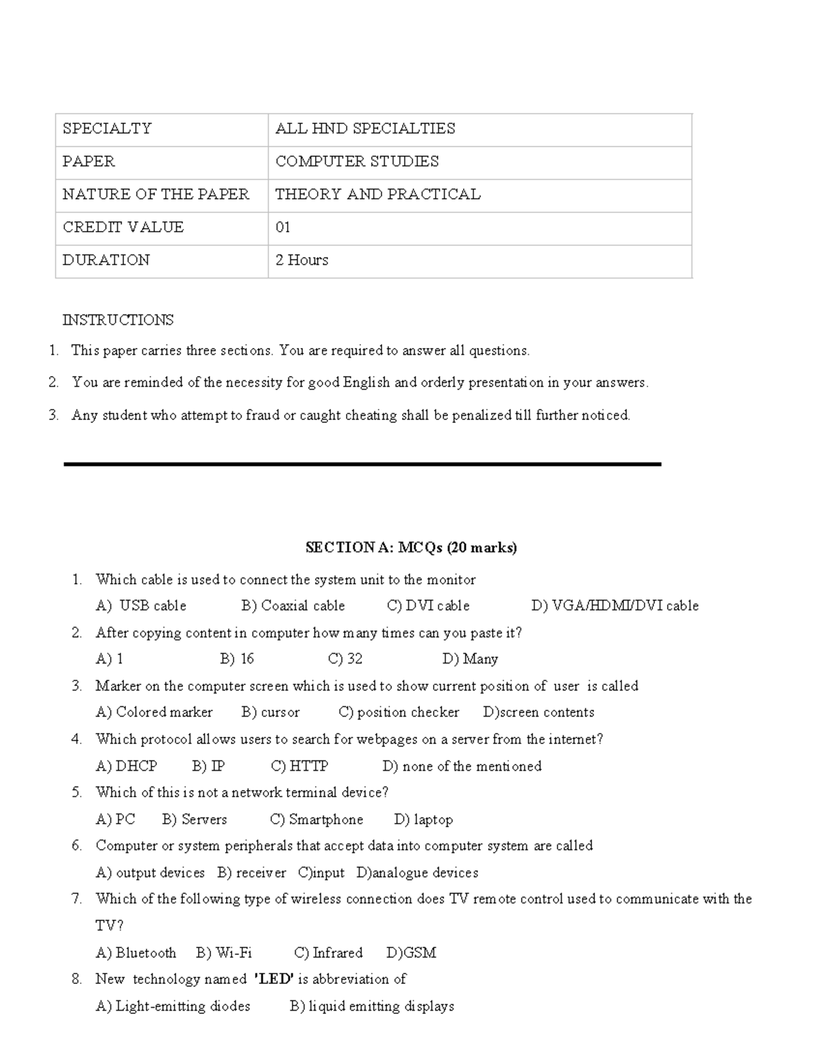 HND Computer Studies Q&A Paper: Theory & Practical Exam (2 Hours) - Studocu