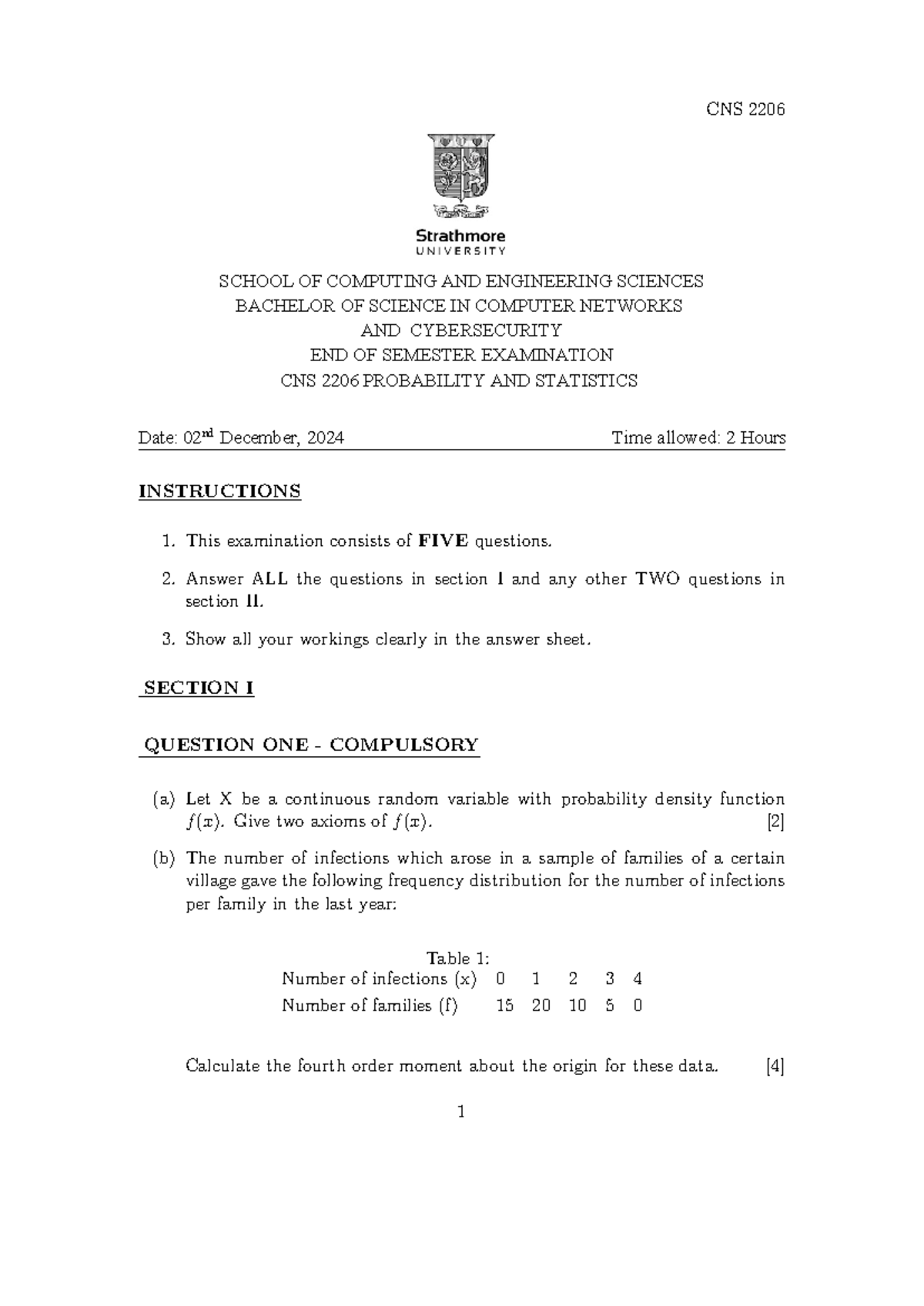 CNS 2206 End of Semester Exam: Probability and Statistics - Studocu