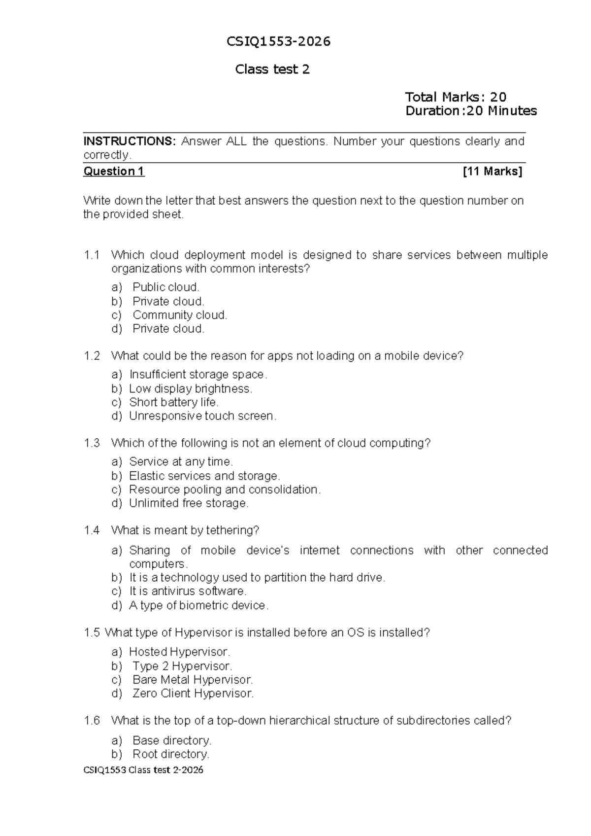 CSIQ1553 Class Test 2 Questions - Cloud Computing Concepts - Studocu