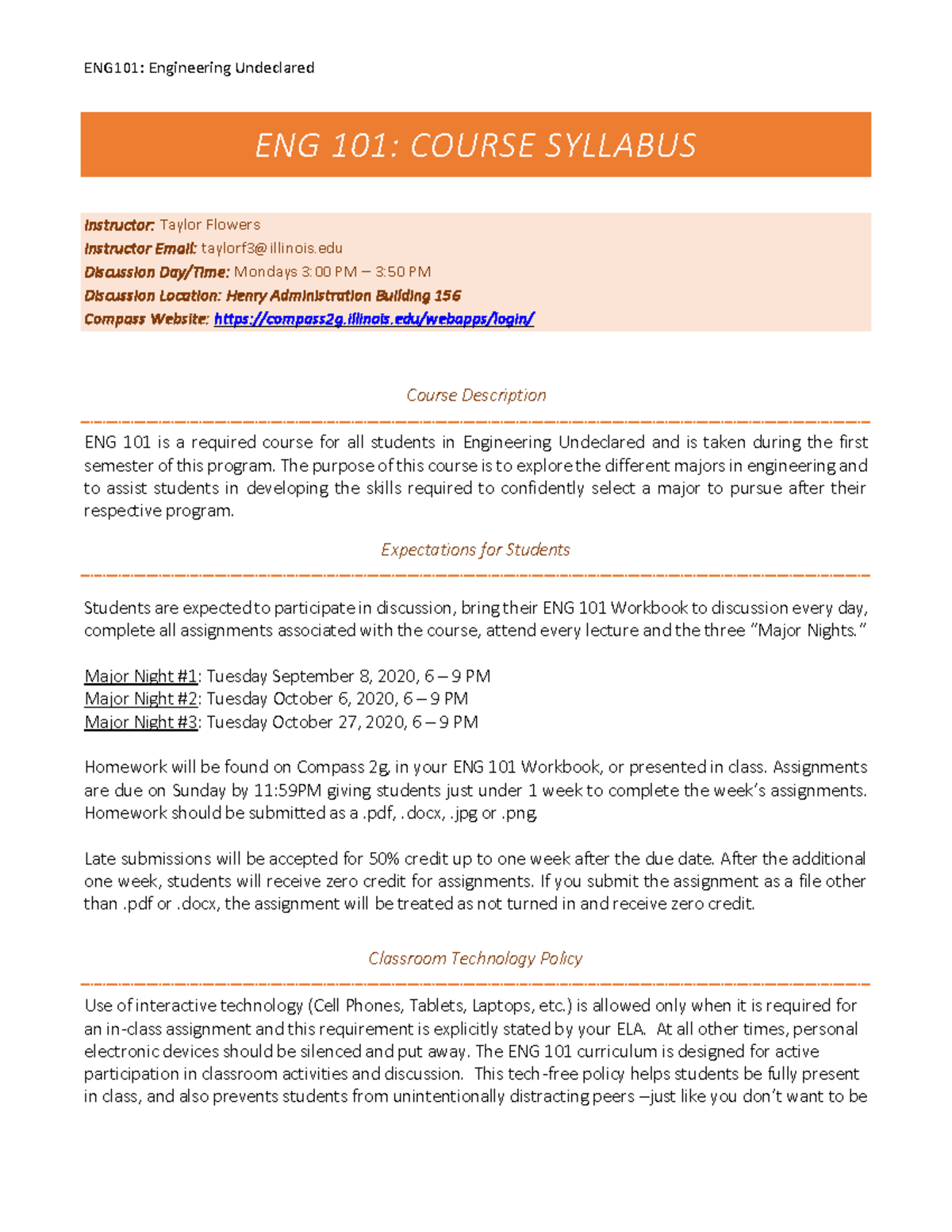 ENG101 Course Syllabus: Engineering Undeclared Overview and ...