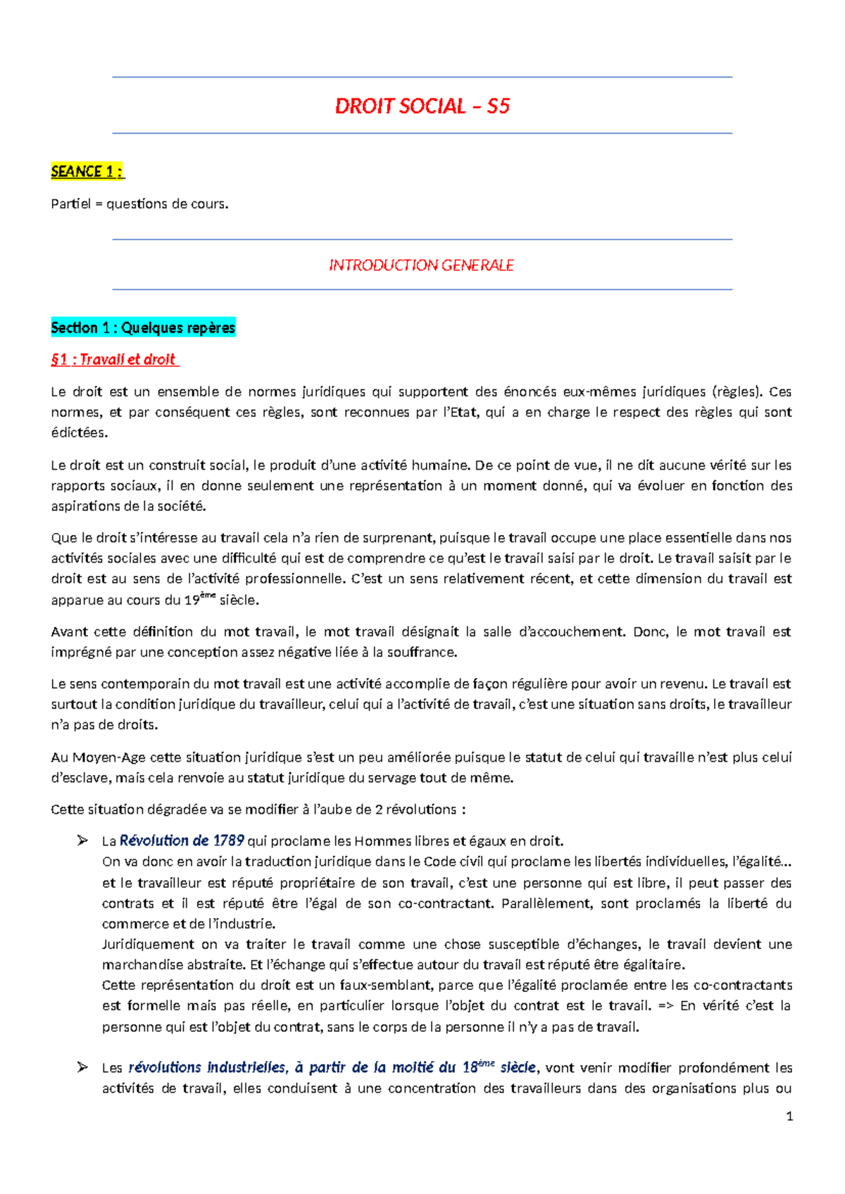 Droit Social - CM S5 : Concepts Fondamentaux et Sources du Droit du ...