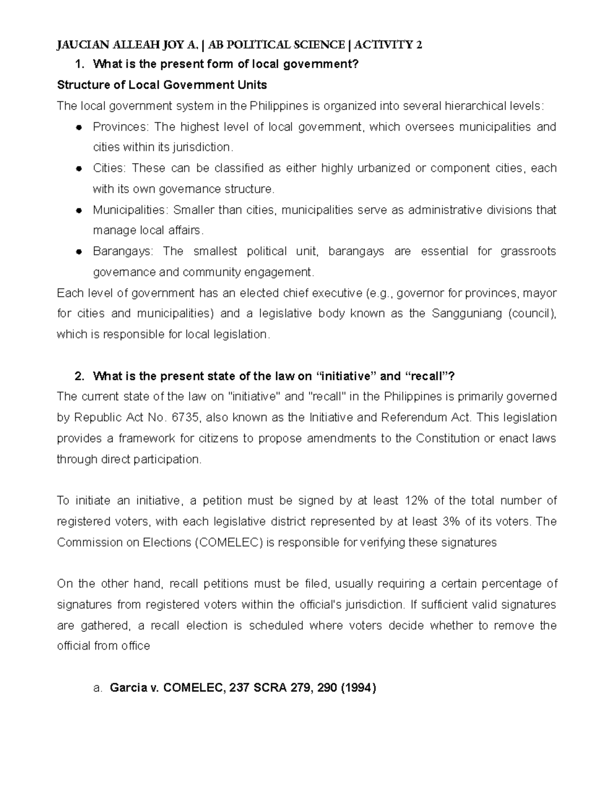 Local Government Activity 2 - What is the present form of local ...