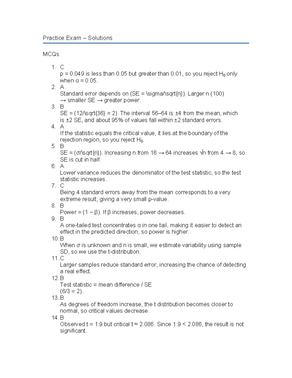 Practice Exam Solutions for Statistics (STAT 101) - Studocu