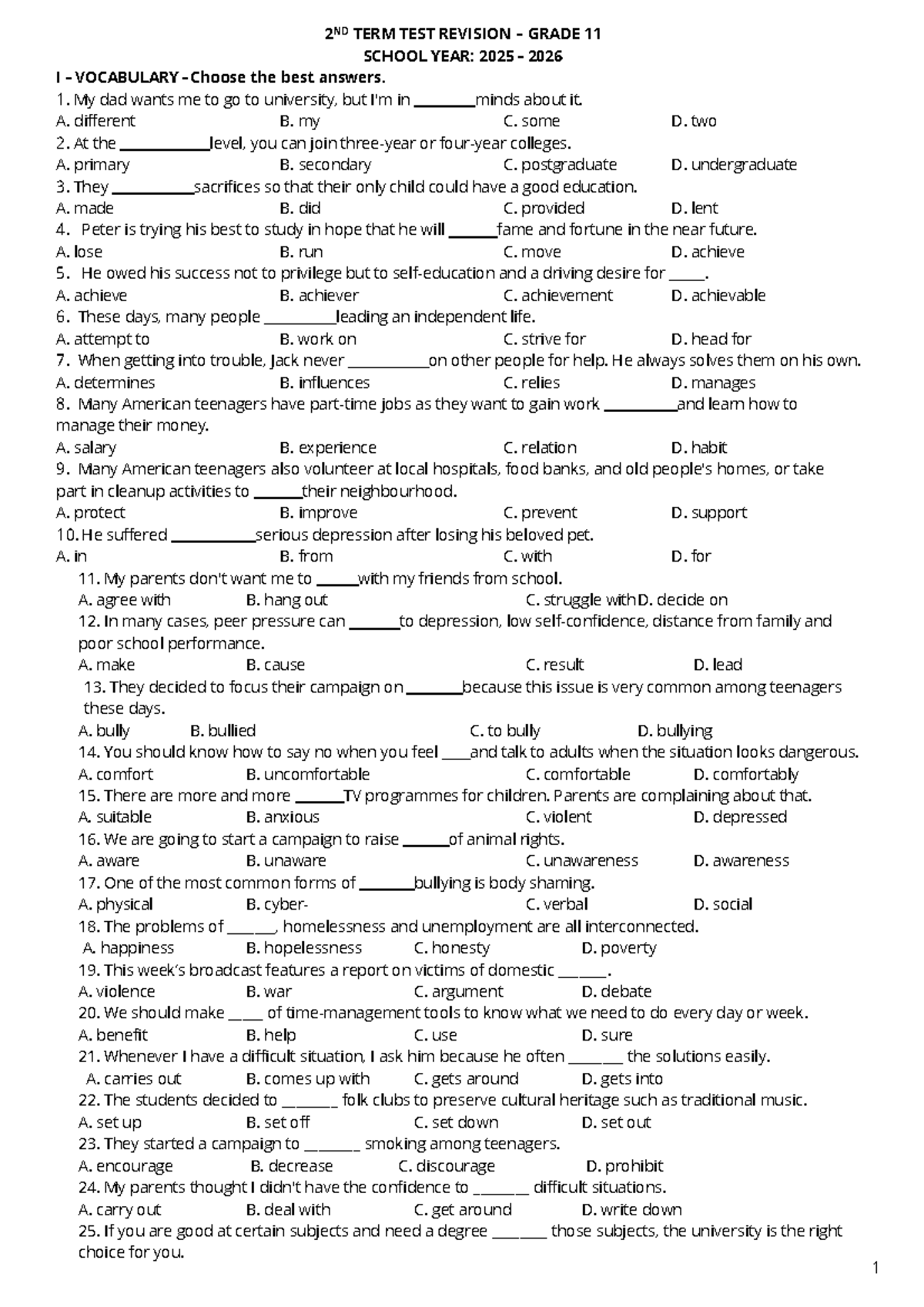 2ND TERM TEST REVISION GRADE 11: VOCABULARY & GRAMMAR PRACTICE - Studocu