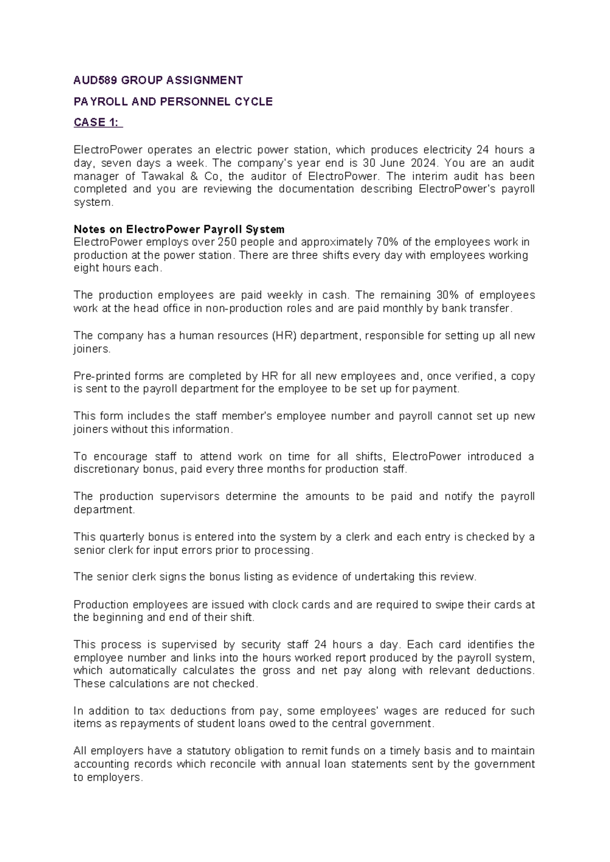 AUD589 GROUP ASSIGNMENT: Payroll & Personnel Cycle Case Study Analysis ...