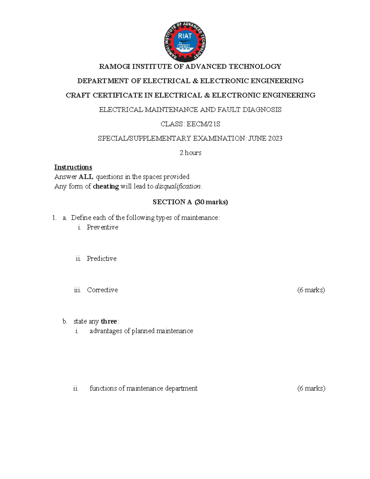 EMFD - June 2023 Exam on Electrical Maintenance & Fault Diagnosis - Studocu