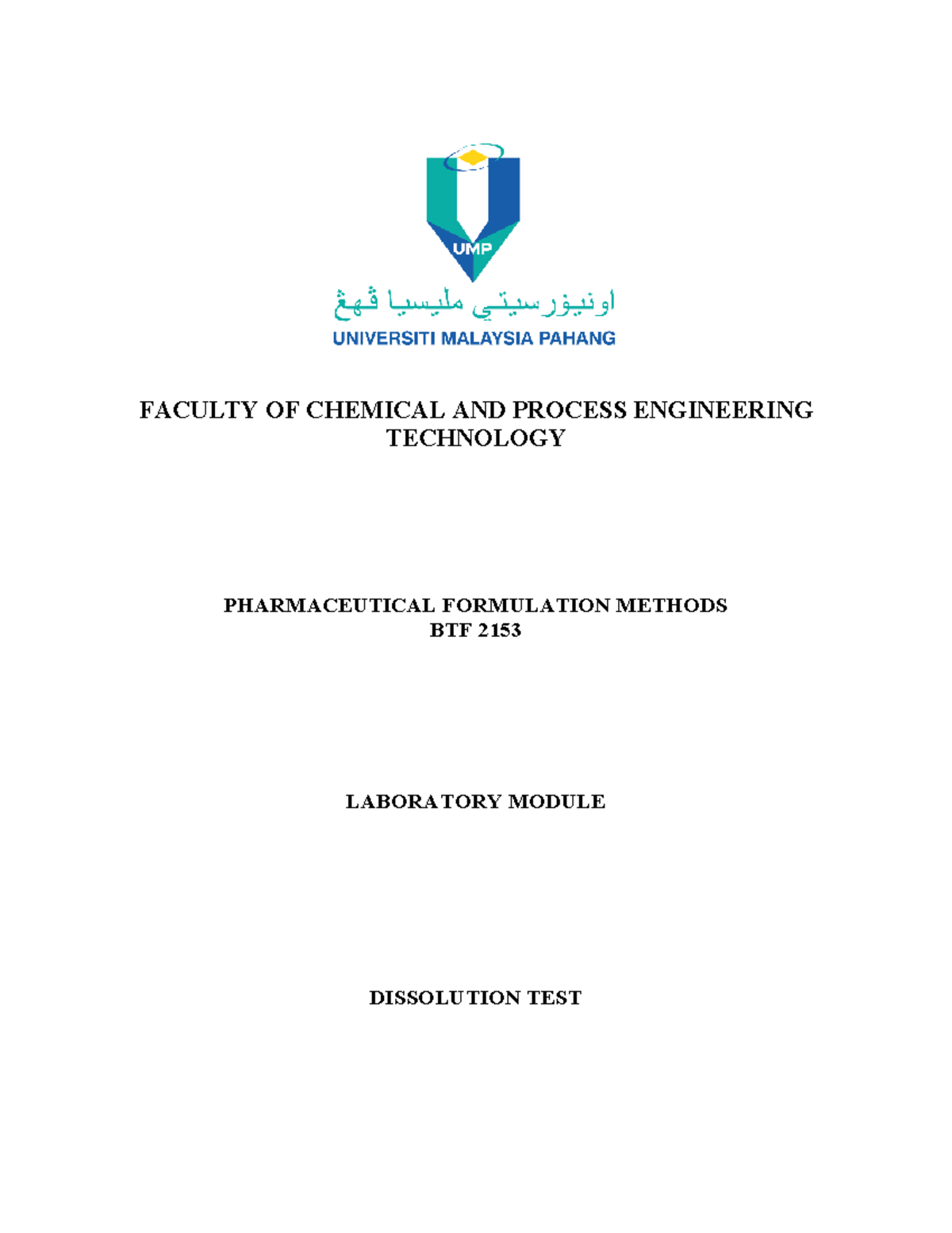 Dissolution Test Lab Manual for Paracetamol Tablet - BTF 2153 - Studocu